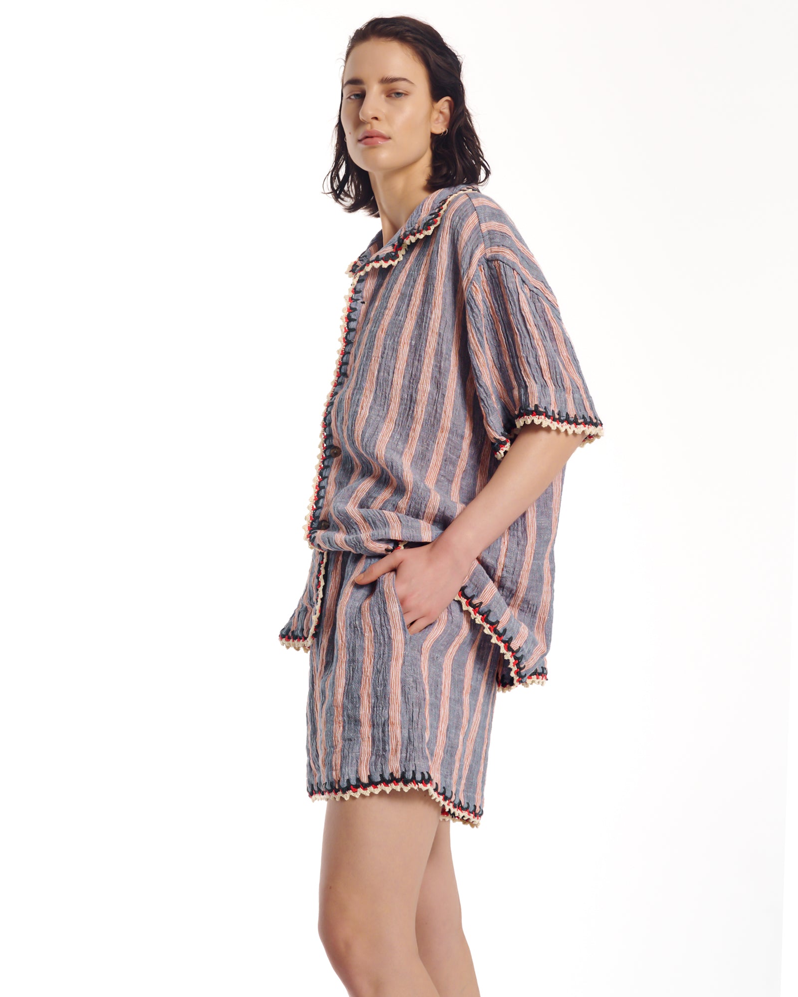 Hand Crochet Trimmed Stripe Linen Shirt