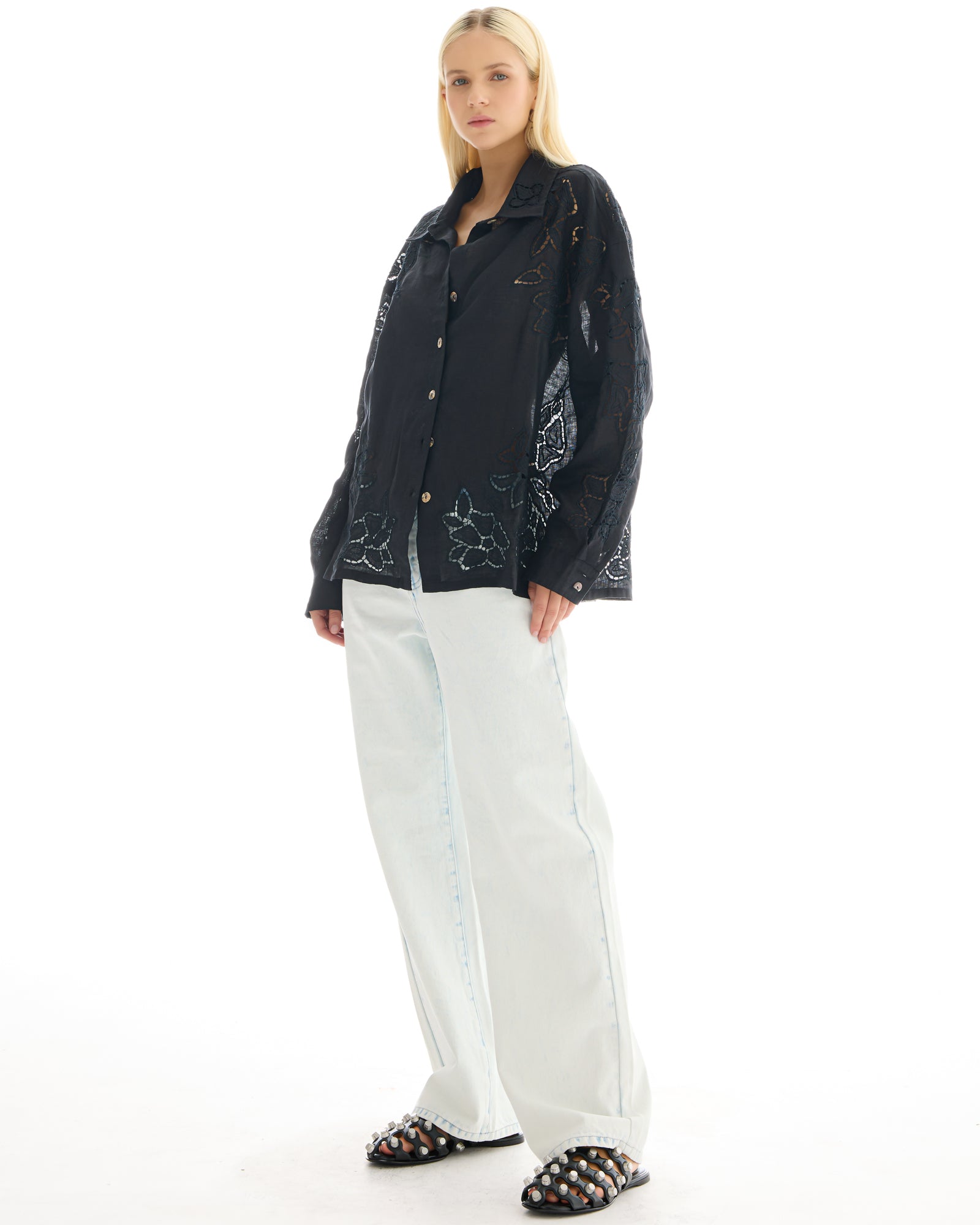 Hand Embroidered Cut Out Floral Linen Shirt