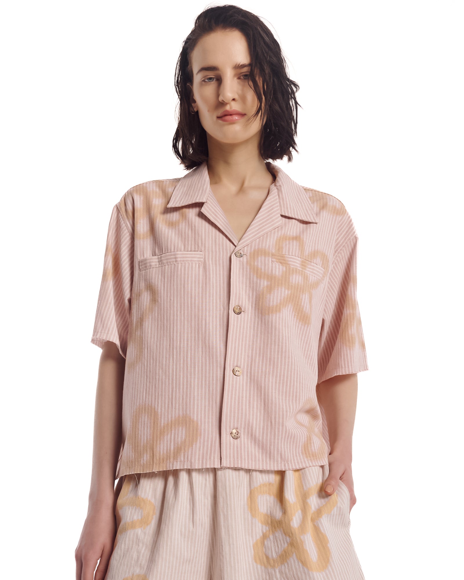 Hand Sprayed Flower Stripe Camp Shirt