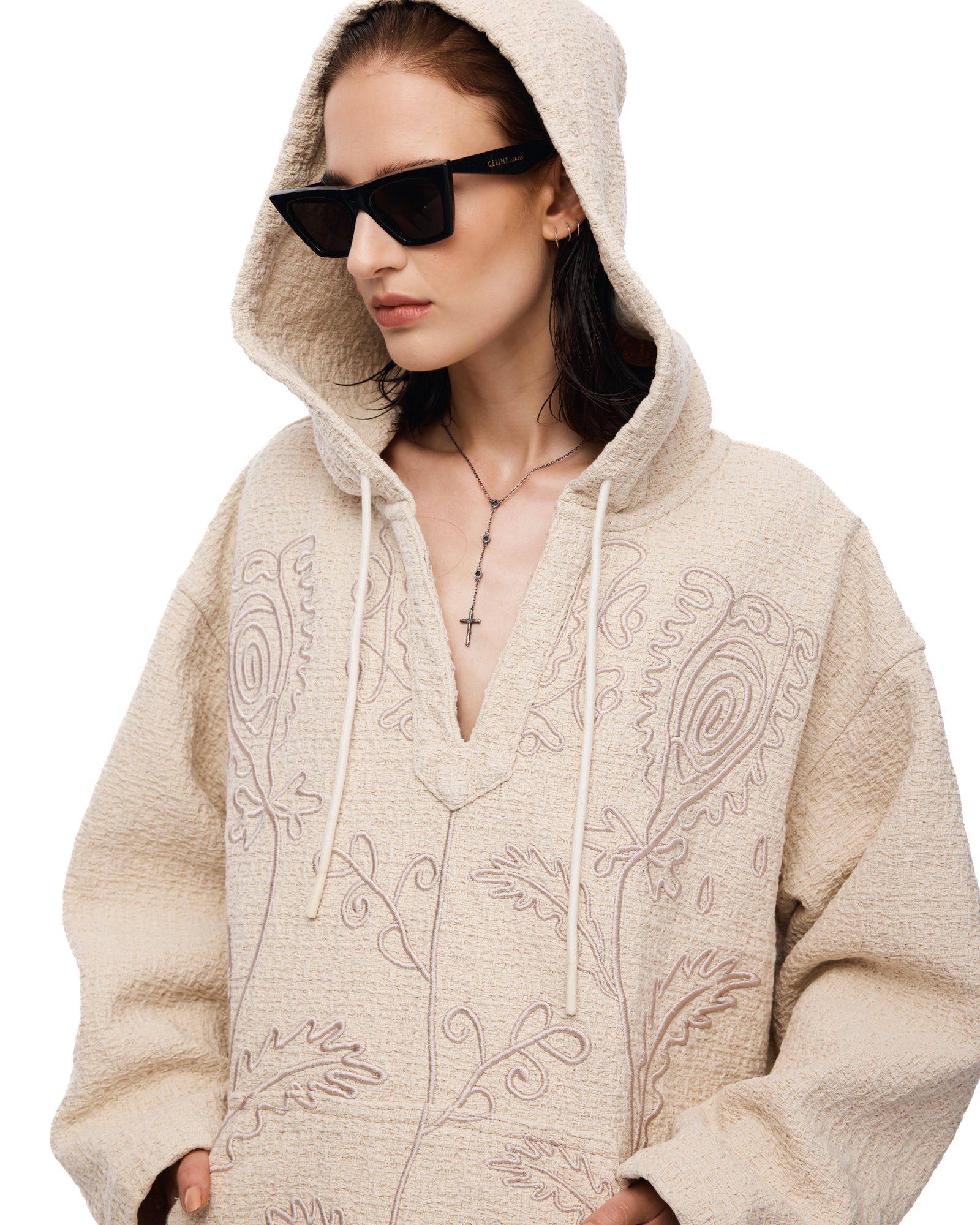 Textured Flower Embroidered Hooded Jacket