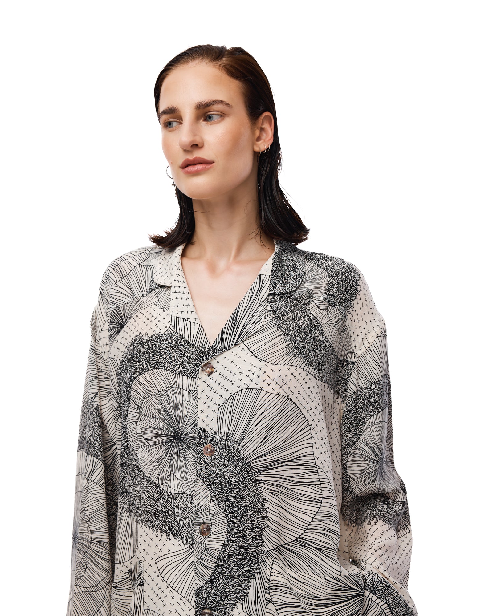 Illustrated Flower Crepe Peasant Shirt