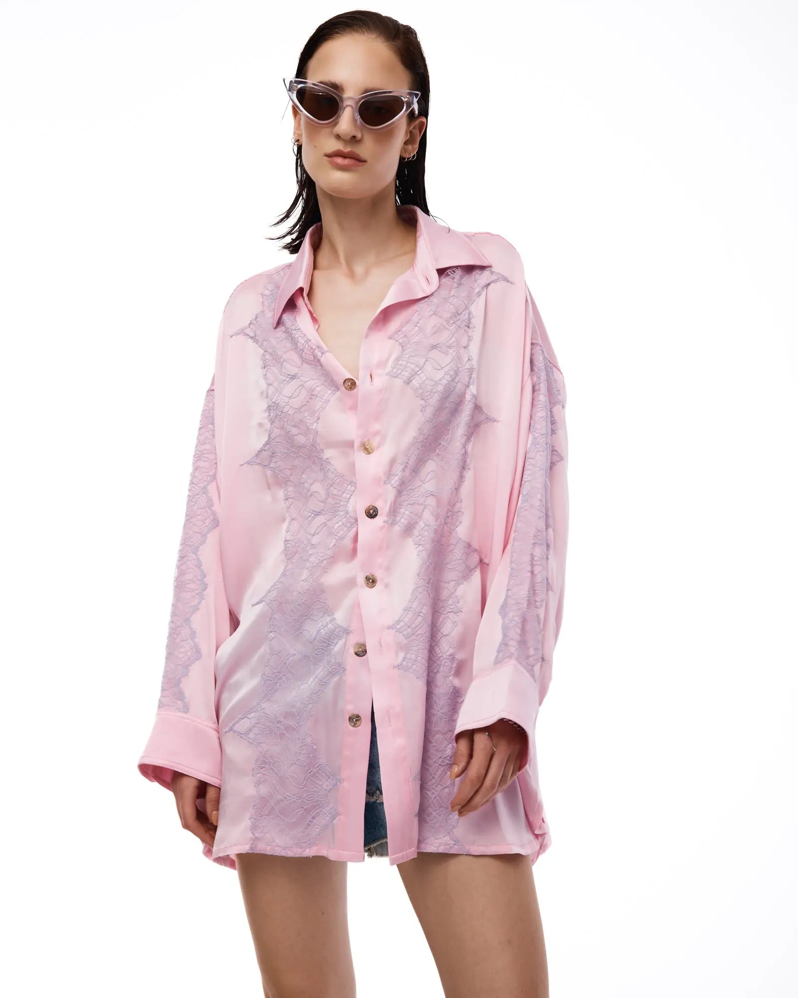 Dixie Satin and Chantilly Lace Shirt by THE TALES - close-up front detail