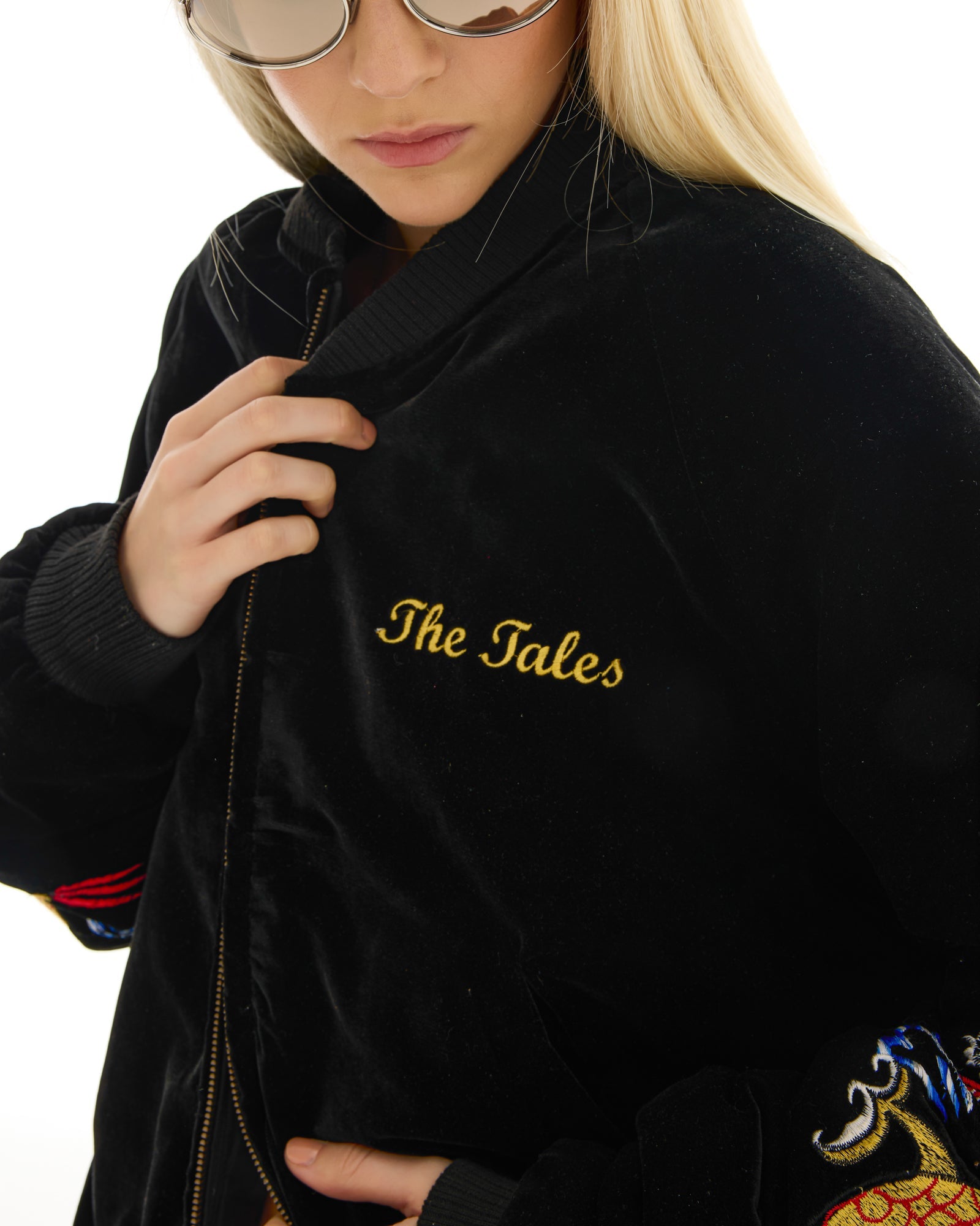 Tokyo Dragon Embroidered Velvet Bomber Jacket by THE TALES - detail view