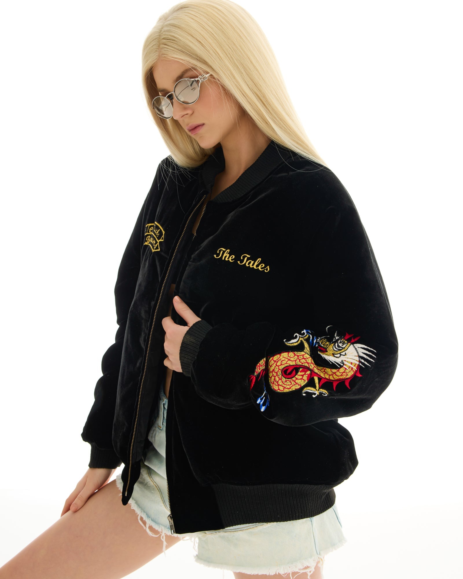 Tokyo Dragon Embroidered Velvet Bomber Jacket by THE TALES - side view