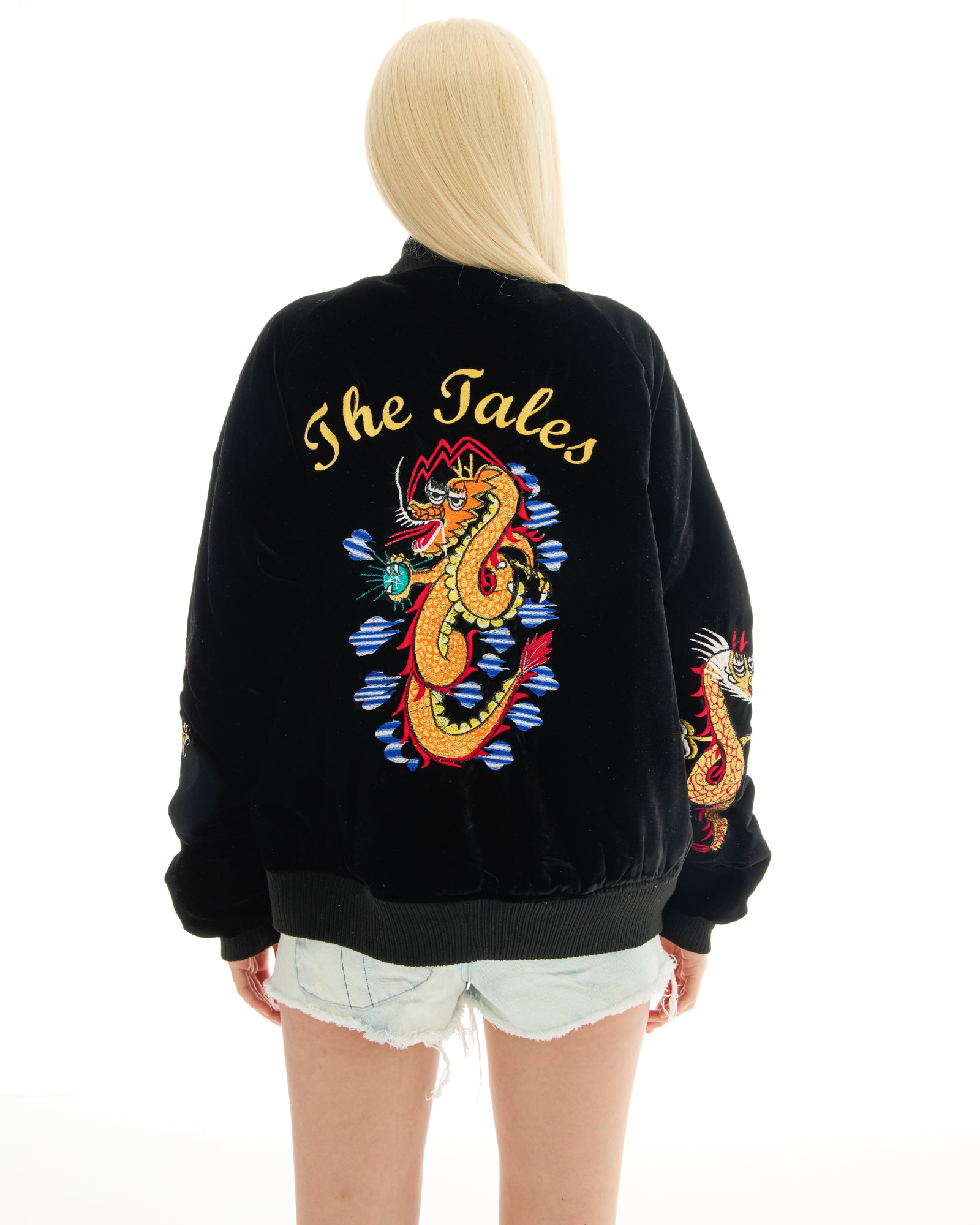 Tokyo Dragon Embroidered Velvet Bomber Jacket