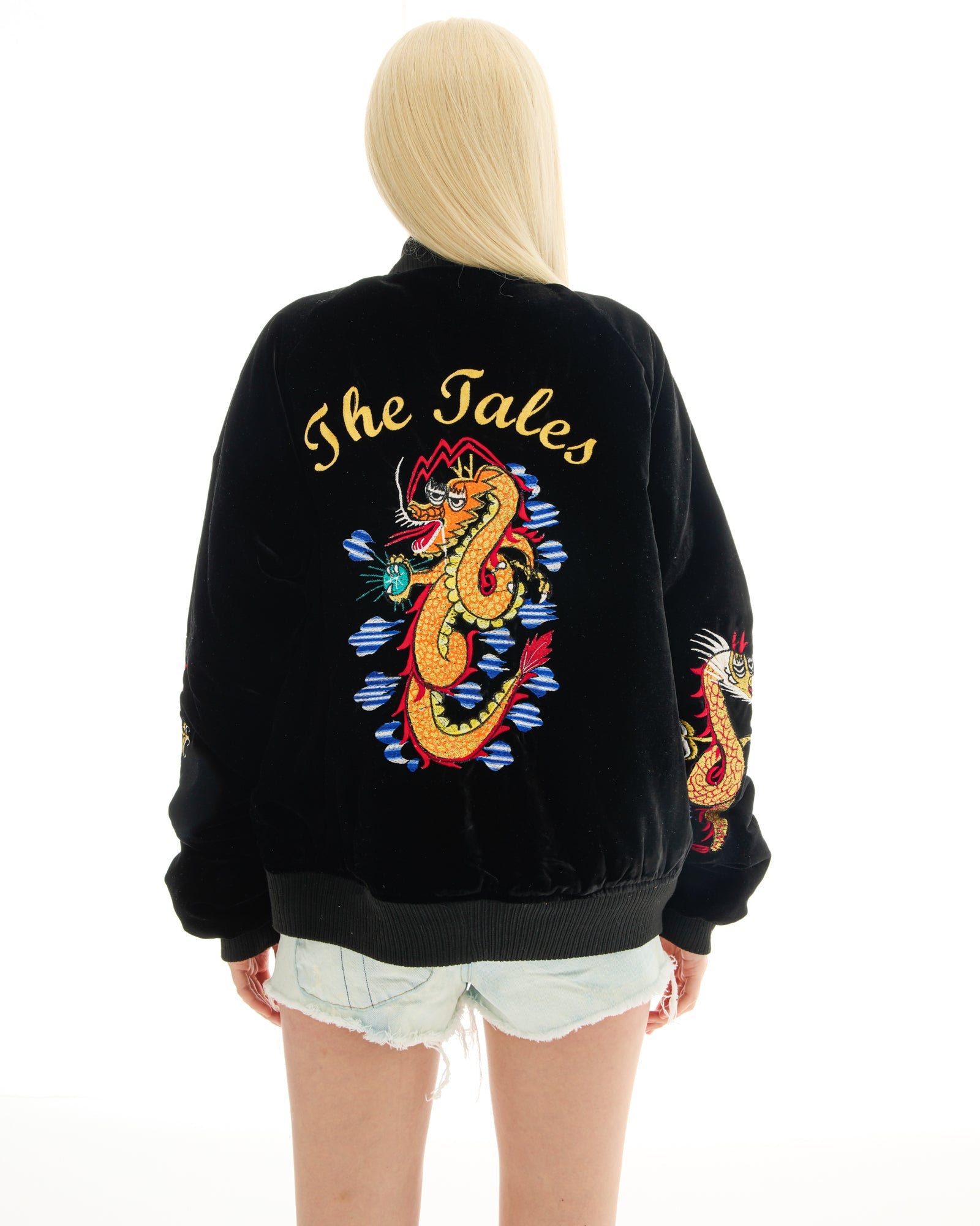 Tokyo Dragon Embroidered Velvet Bomber Jacket by THE TALES - back view