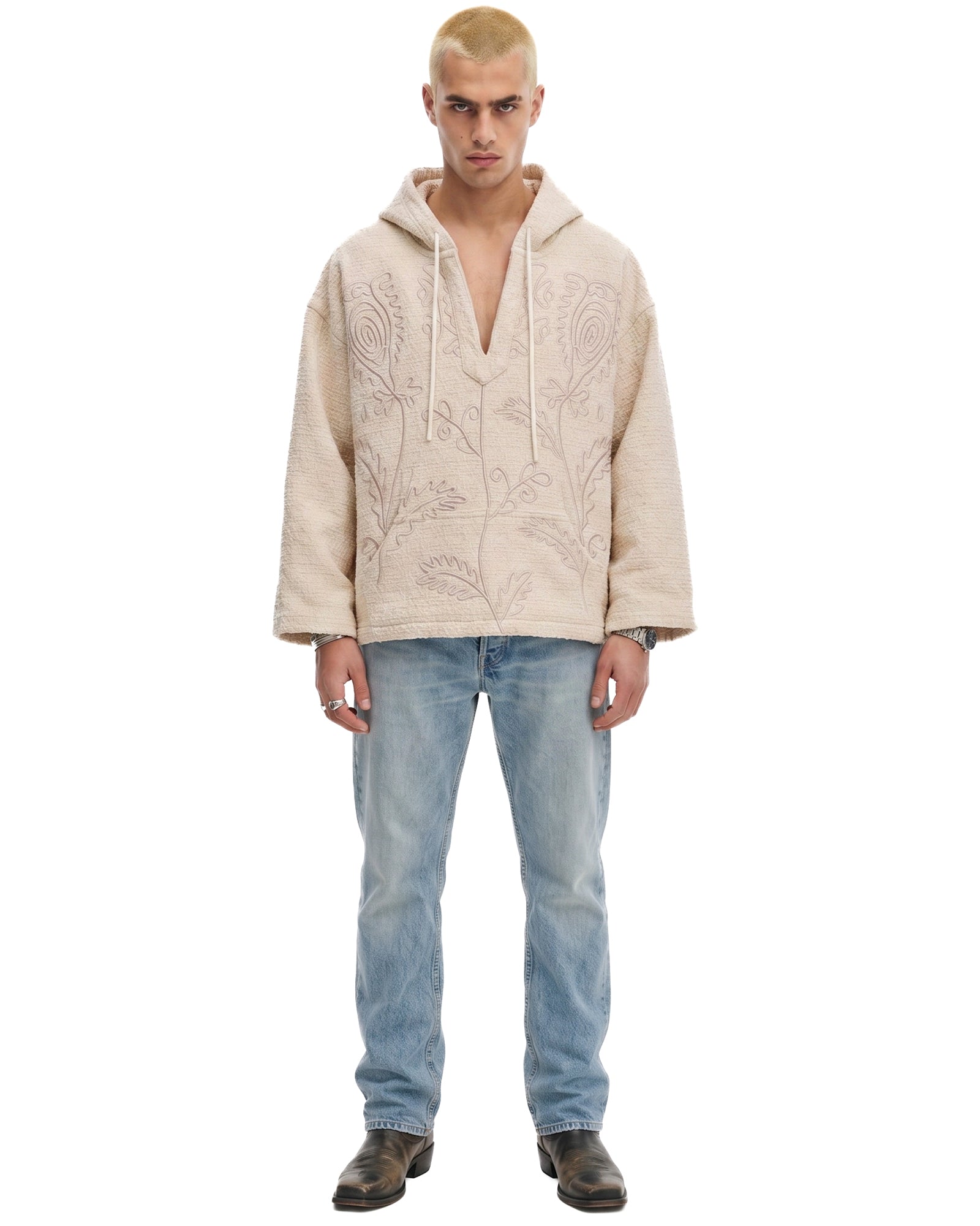 Textured Flower Embroidered Hooded Jacket