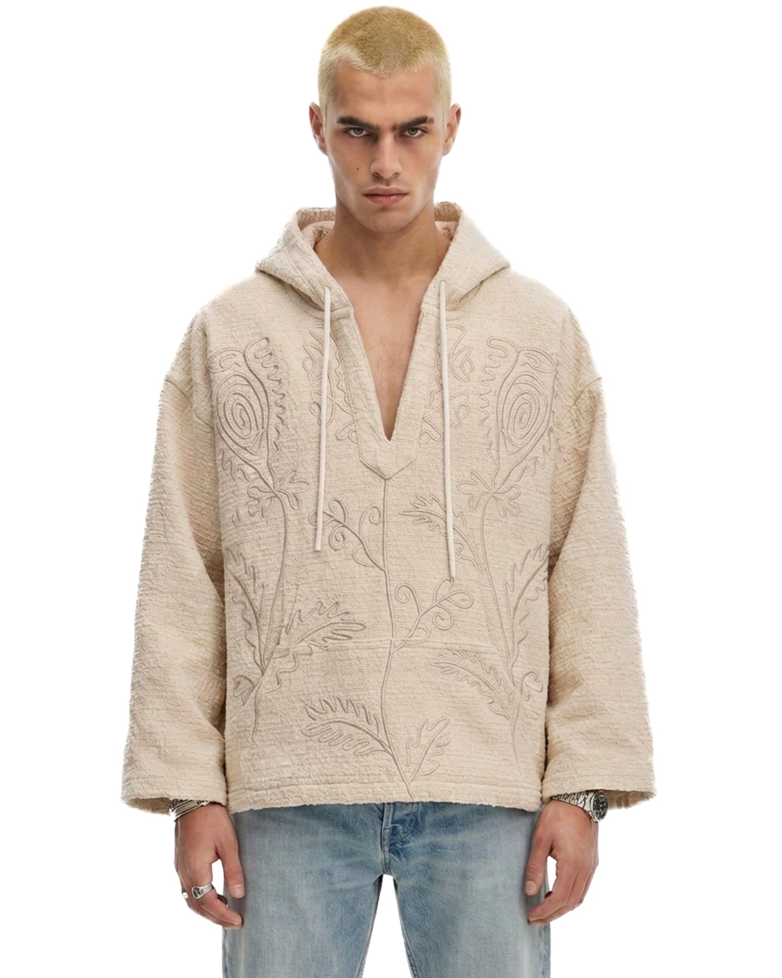 Textured Flower Embroidered Hooded Jacket