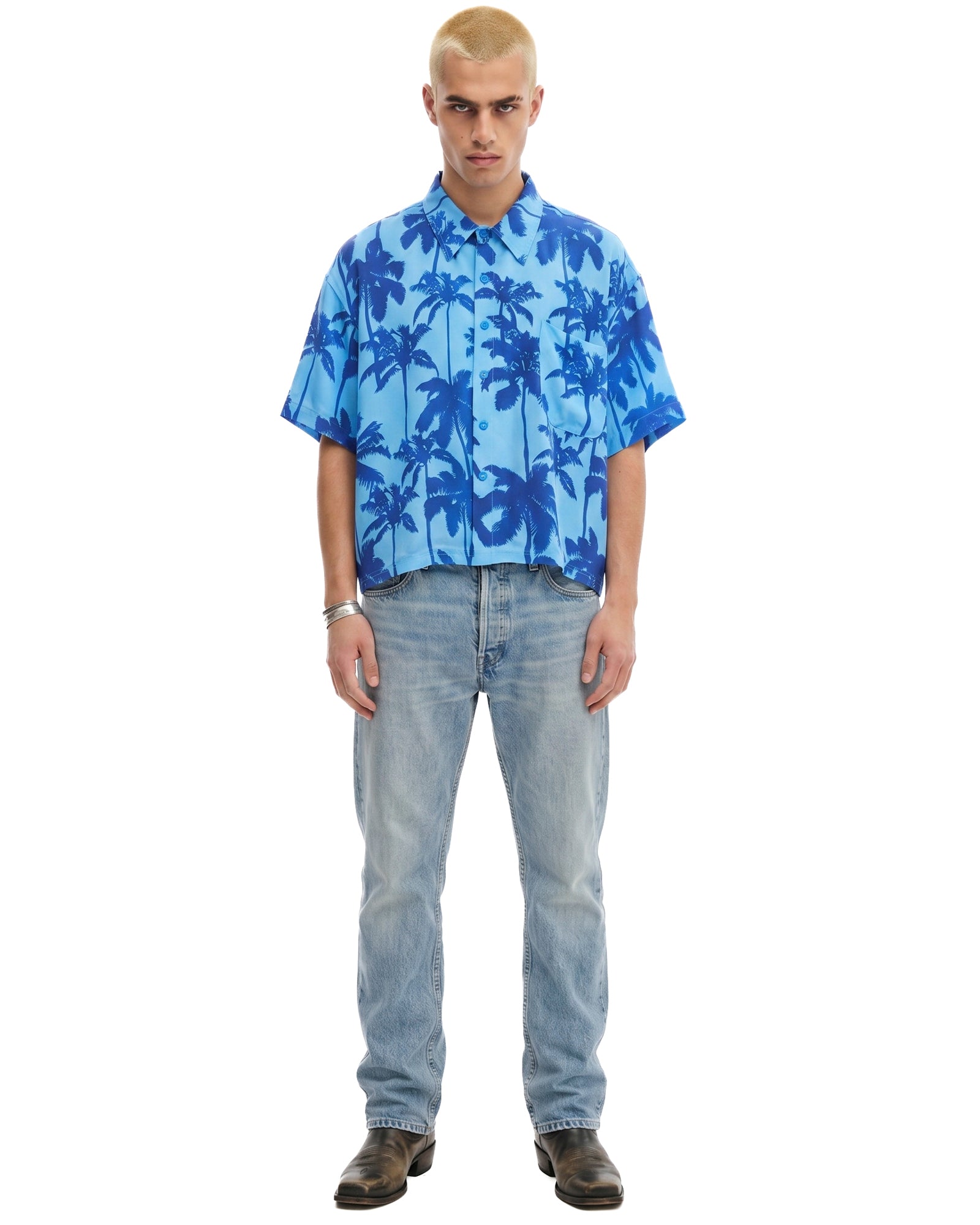 Blue Palm Oversized Silk Shirt