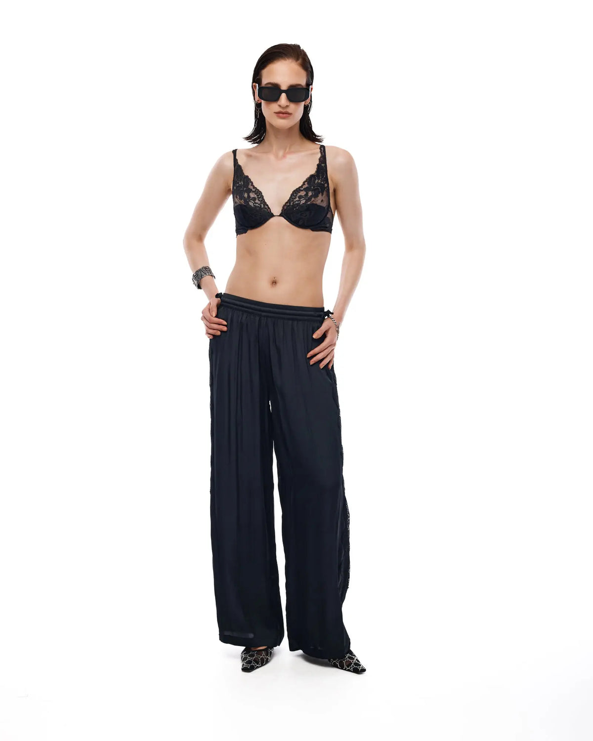 Satin and Lace Wide Leg Pants by THE TALES - detail view