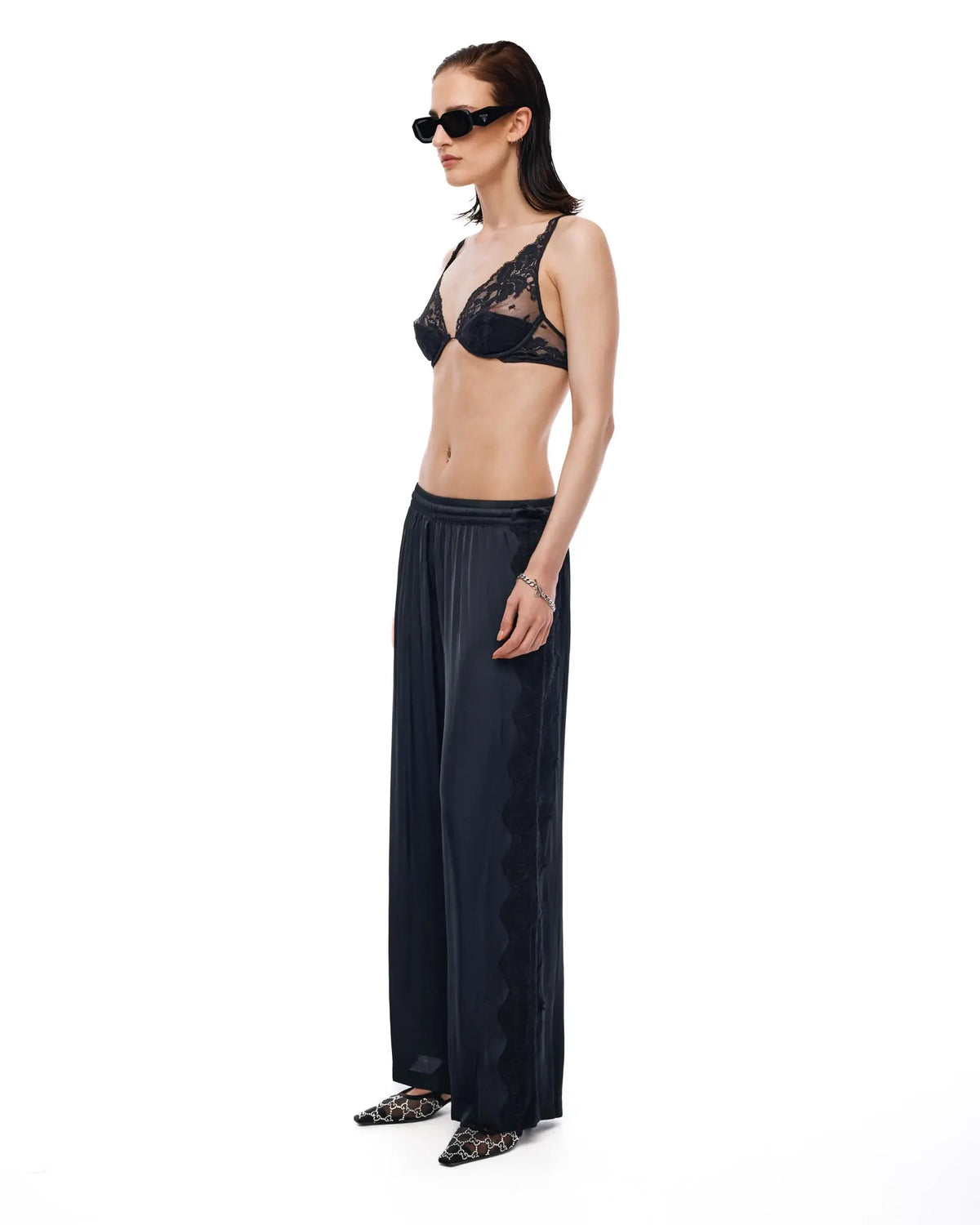 Satin and Lace Wide Leg Pants by THE TALES - close-up detail