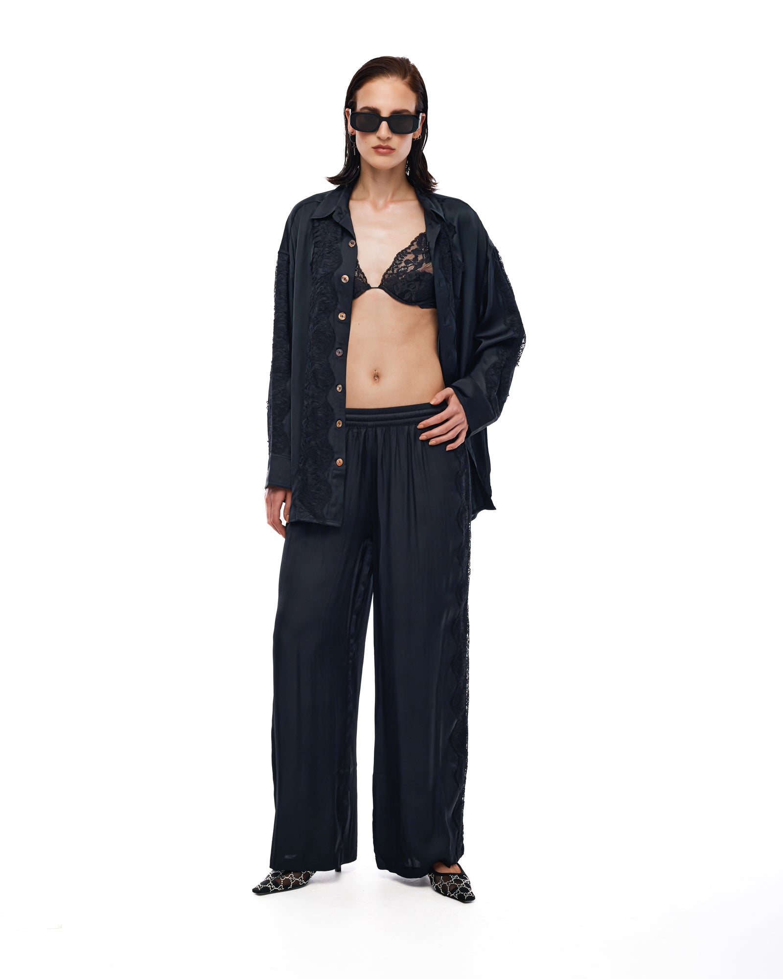 Satin and Lace Wide Leg Pants