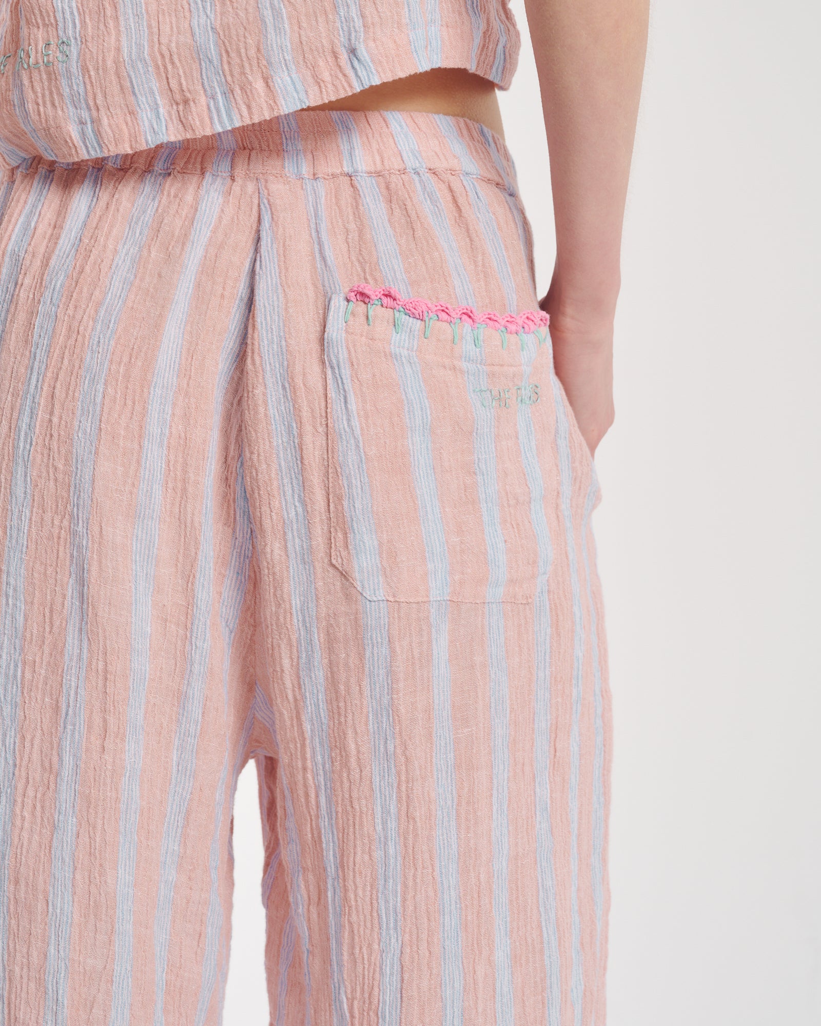 Hand Crochet Trimmed Stripe Linen Pants