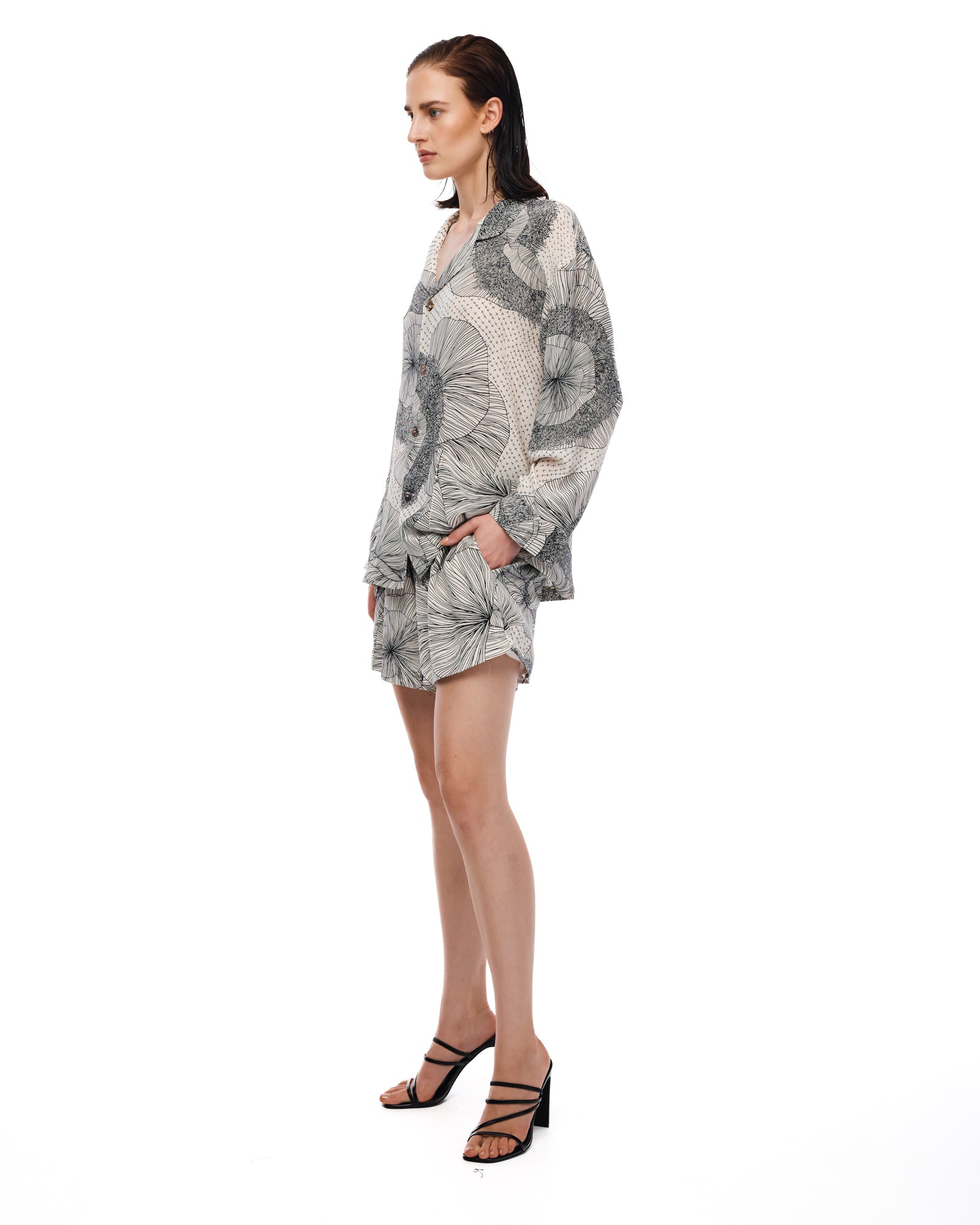 Illustrated Flower Crepe Peasant Shirt