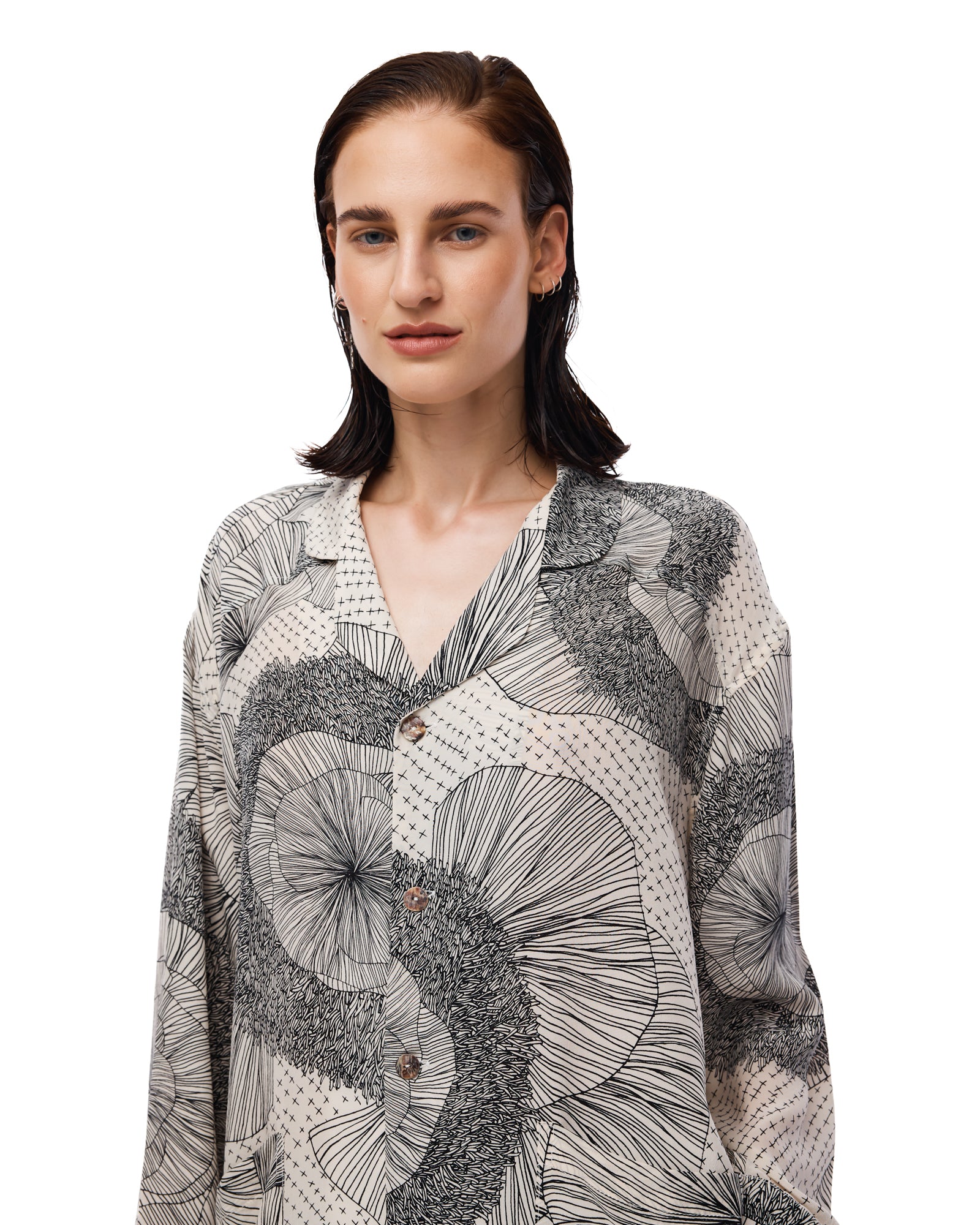 Illustrated Flower Crepe Peasant Shirt