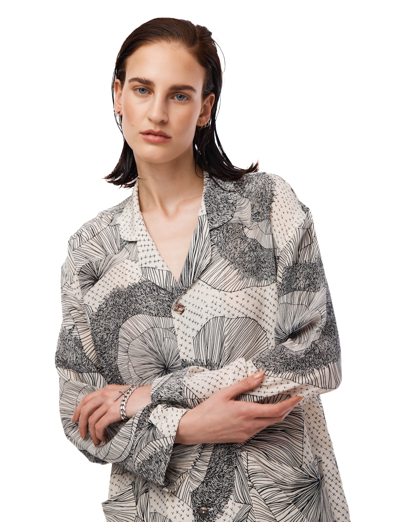 Illustrated Flower Crepe Peasant Shirt