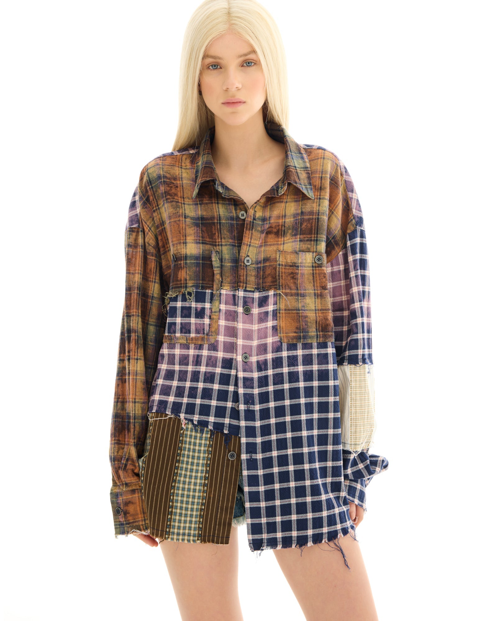 Reworked and Destroyed Mixed Check Shirt by THE TALES - detail view