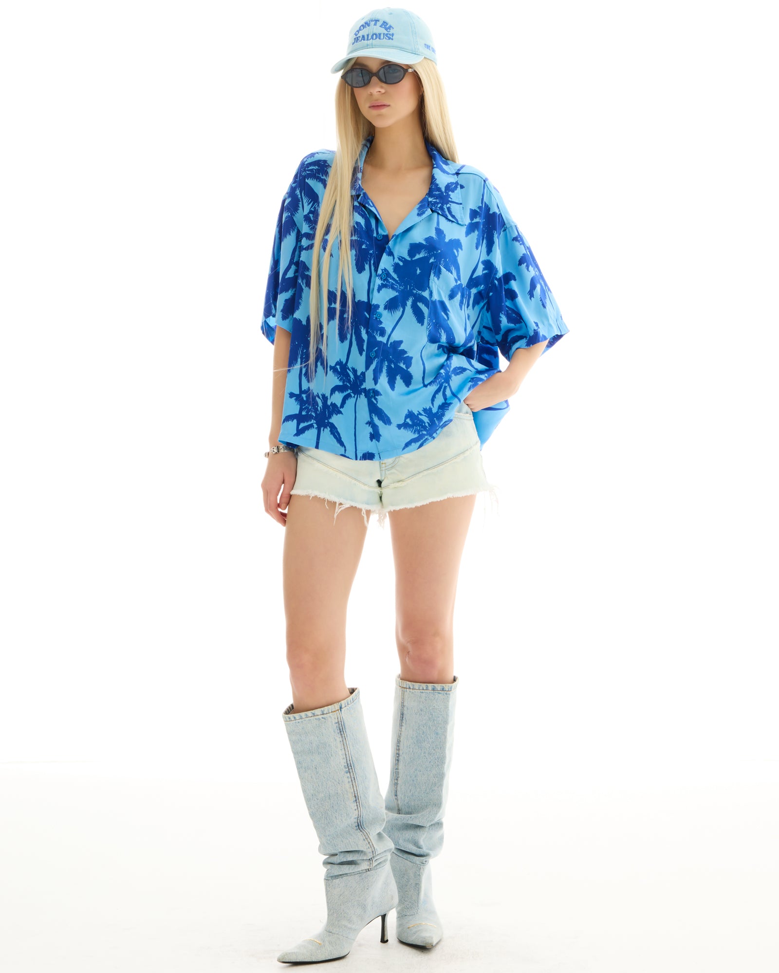 Blue Palm Oversized Silk Shirt