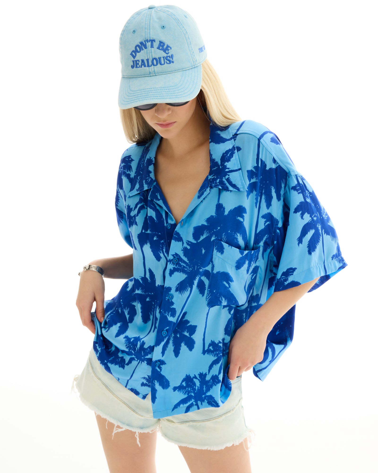 Blue Palm Oversized Silk Shirt