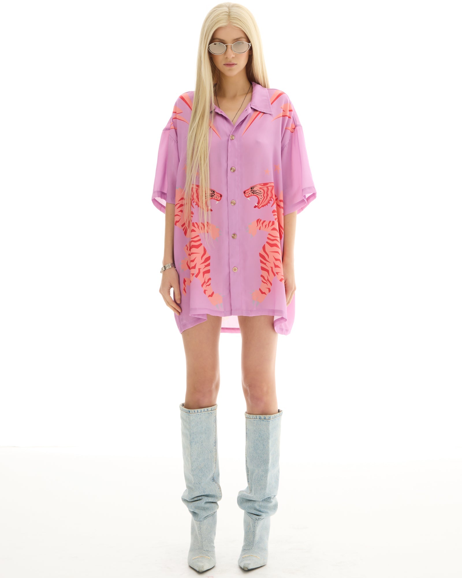Osaka Tiger Silk Shirt Dress by THE TALES - close-up detail