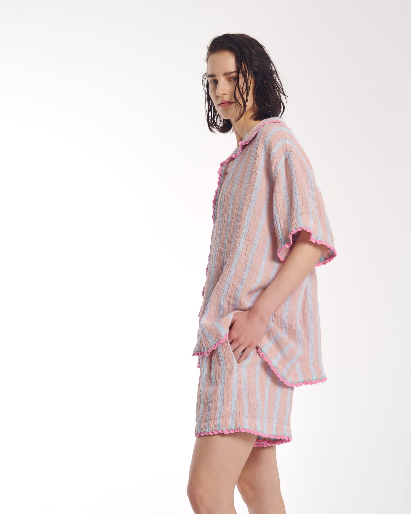 Hand Crochet Trimmed Stripe Linen Shorts