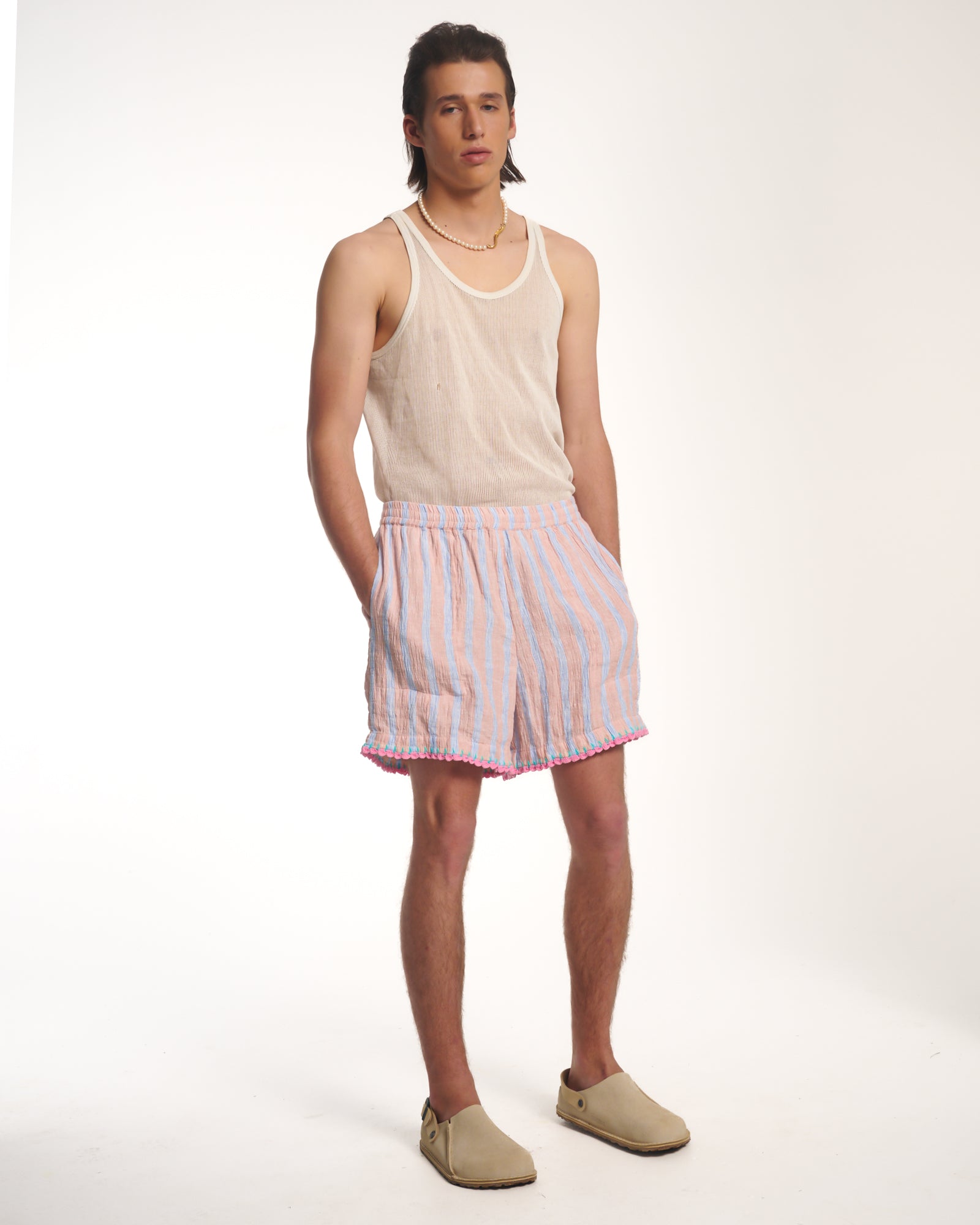 Hand Crochet Trimmed Stripe Linen Shorts