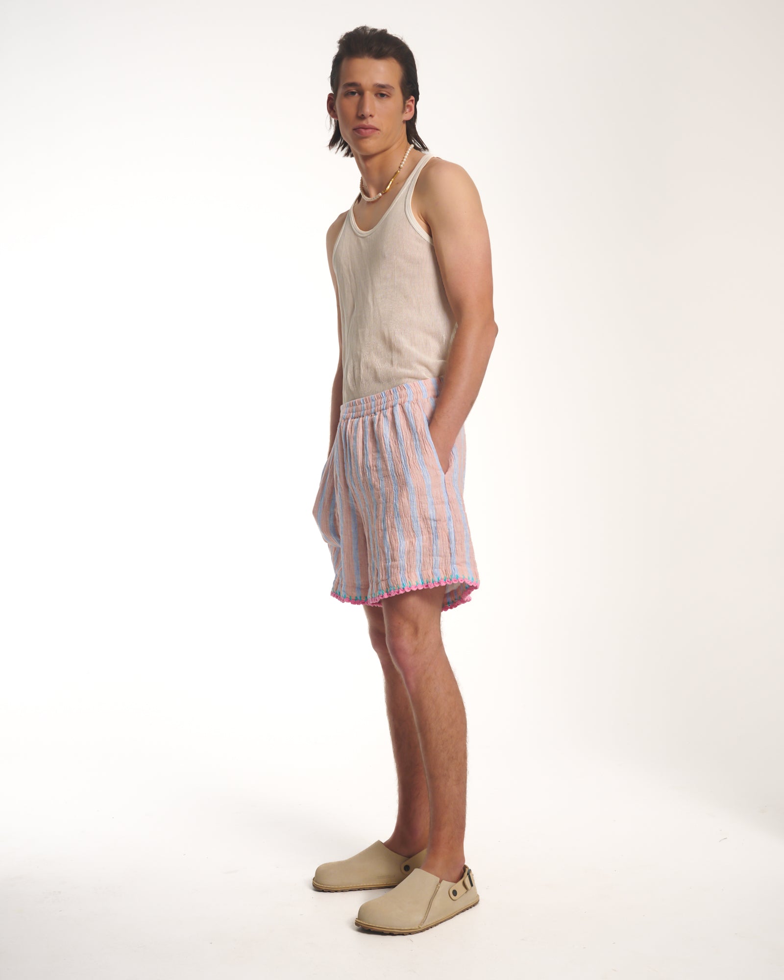 Hand Crochet Trimmed Stripe Linen Shorts