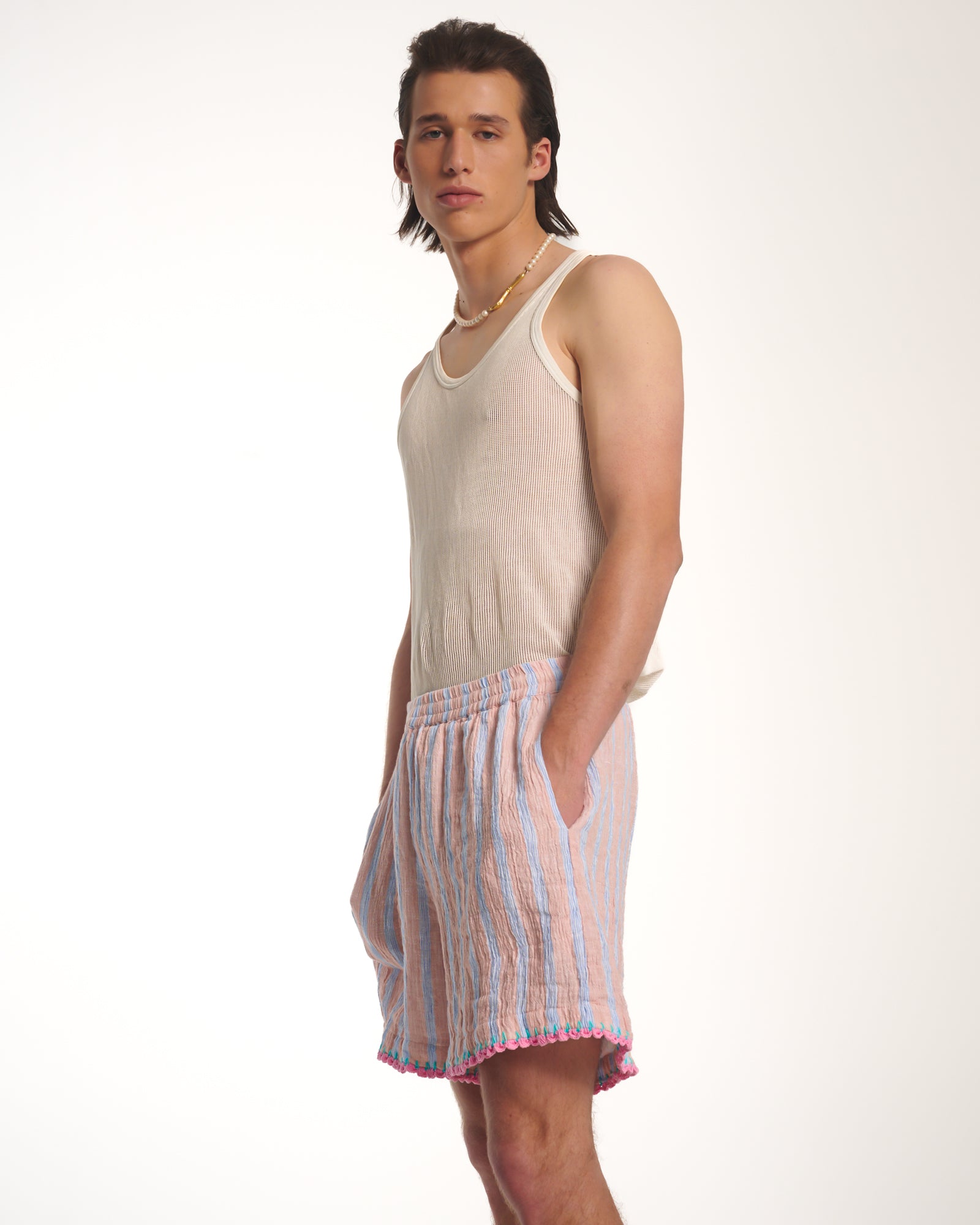 Hand Crochet Trimmed Stripe Linen Shorts