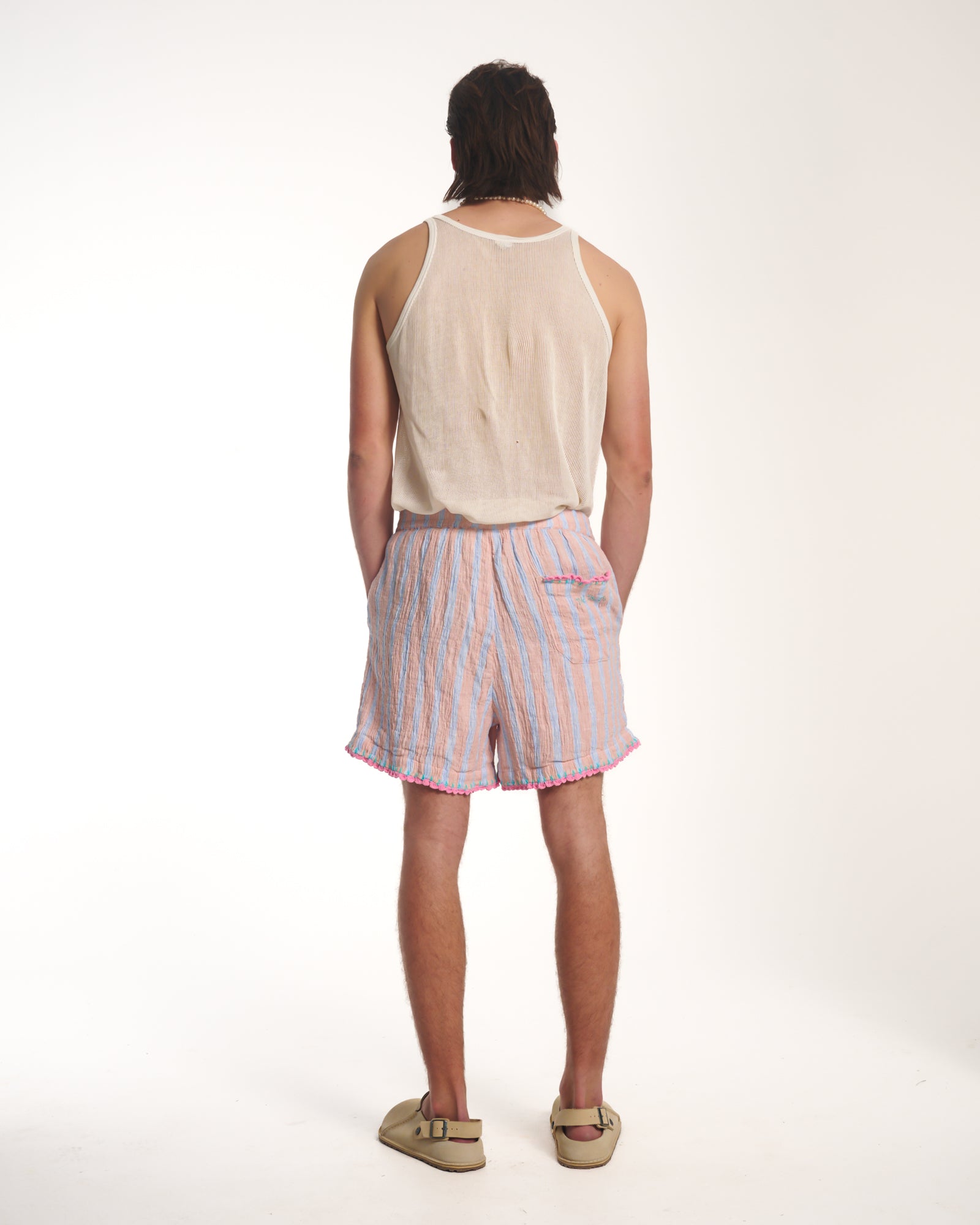Hand Crochet Trimmed Stripe Linen Shorts