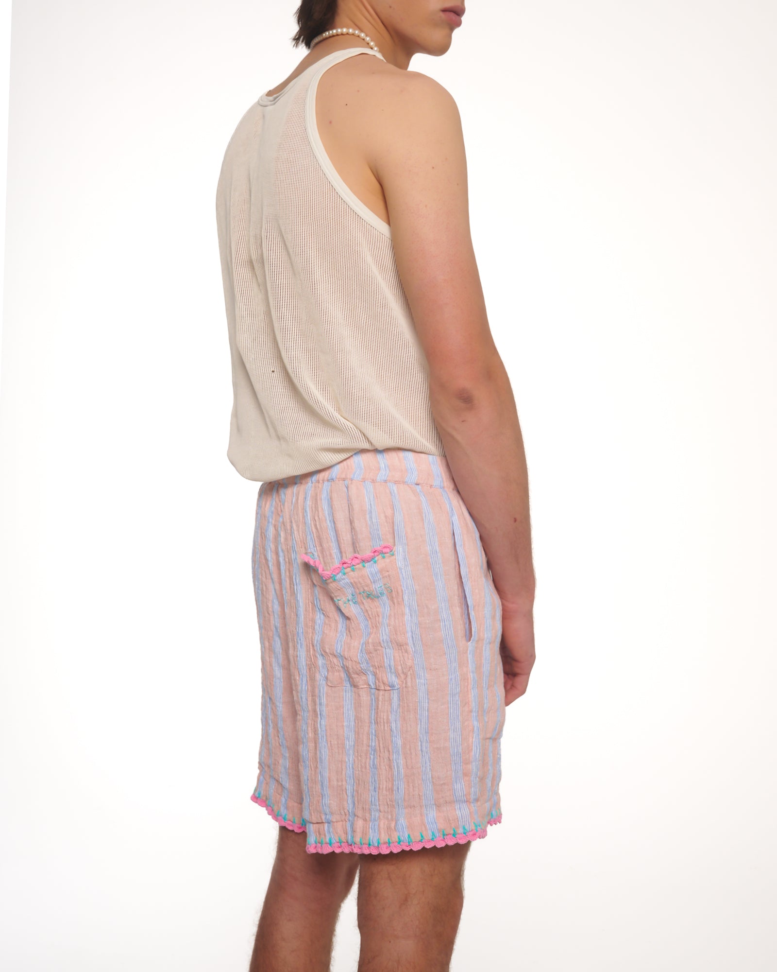 Hand Crochet Trimmed Stripe Linen Shorts