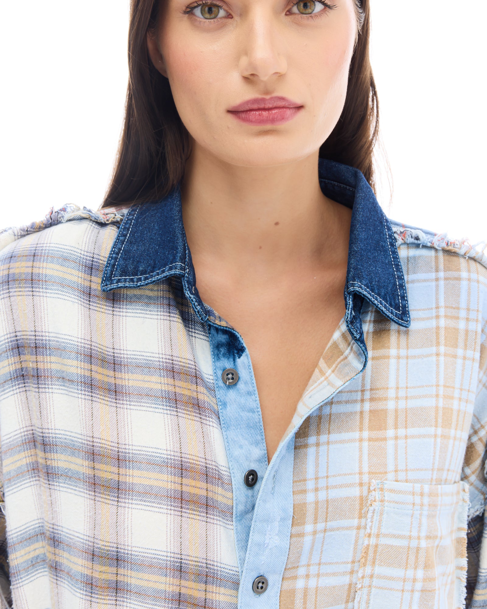 Mixed Flannel And Denim Shirt