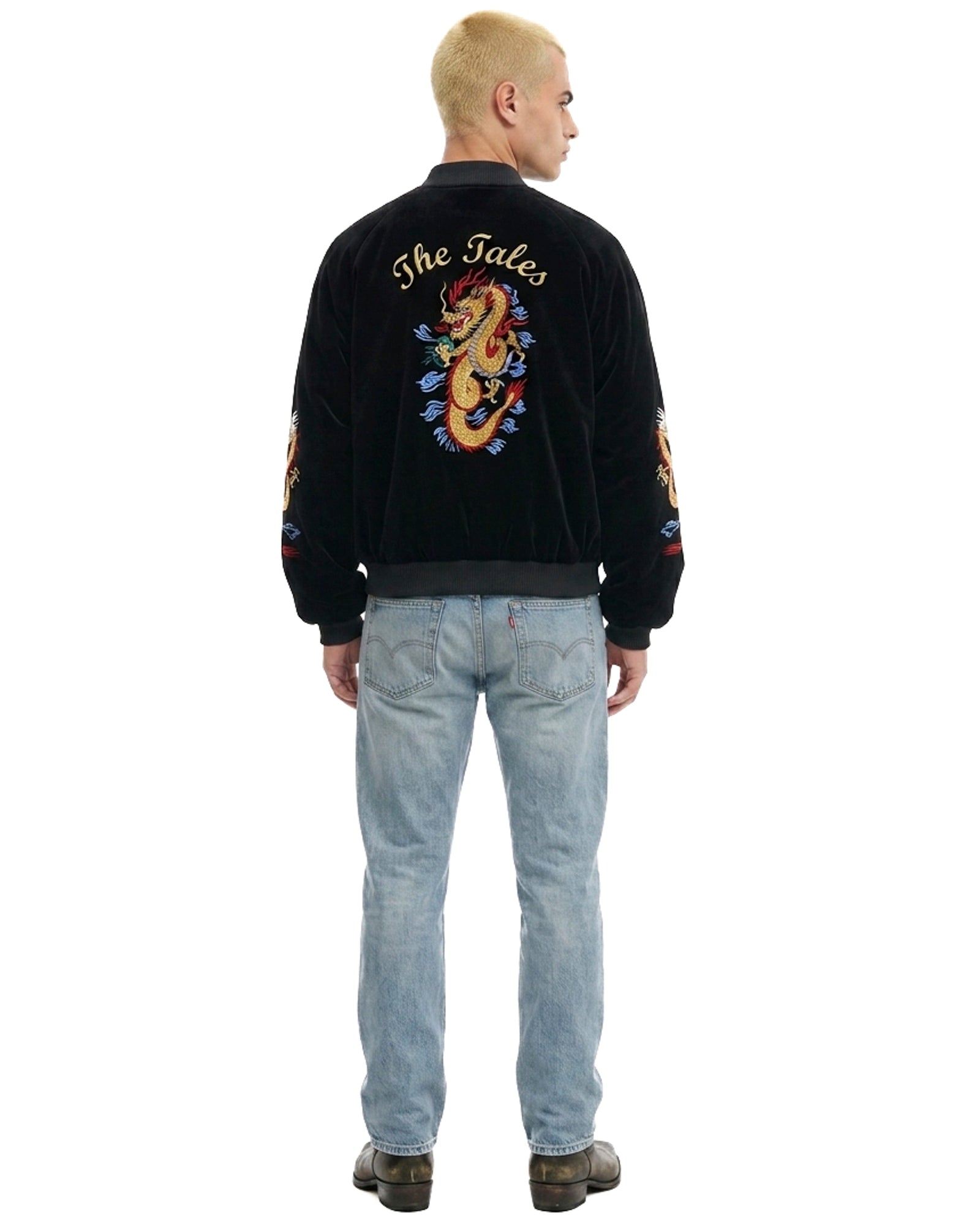 Tokyo Dragon Embroidered Velvet Bomber Jacket