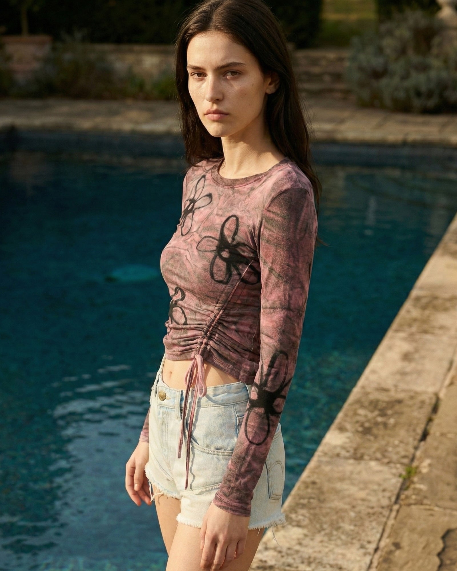 Hand Sprayed Flower Bamboo Ruched Top