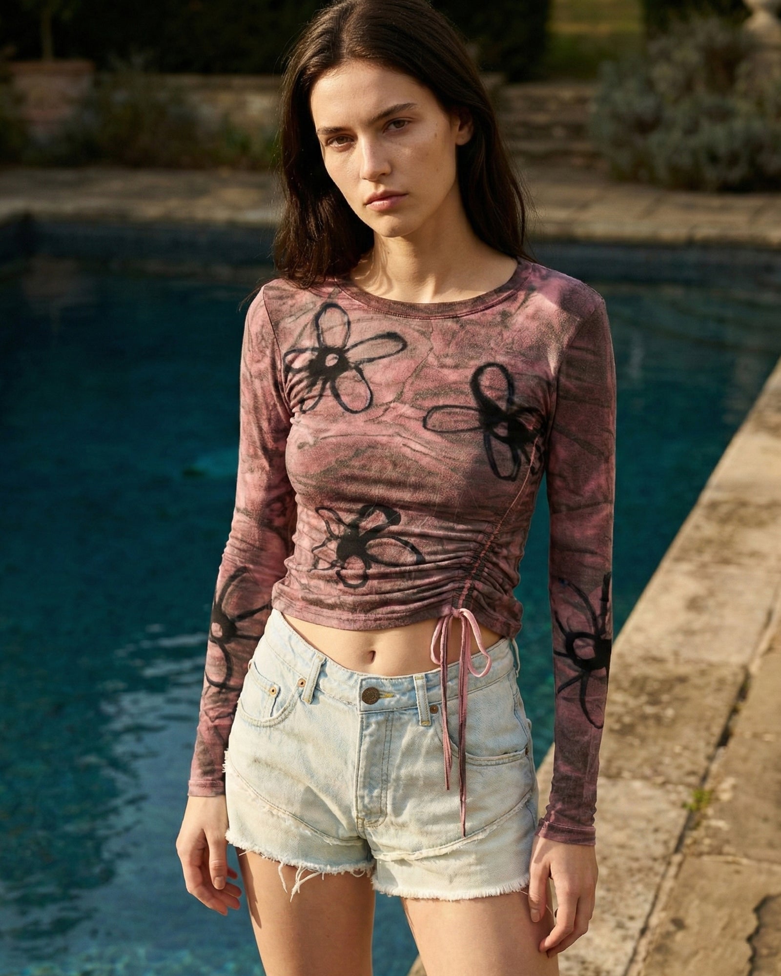 Hand Sprayed Flower Bamboo Ruched Top