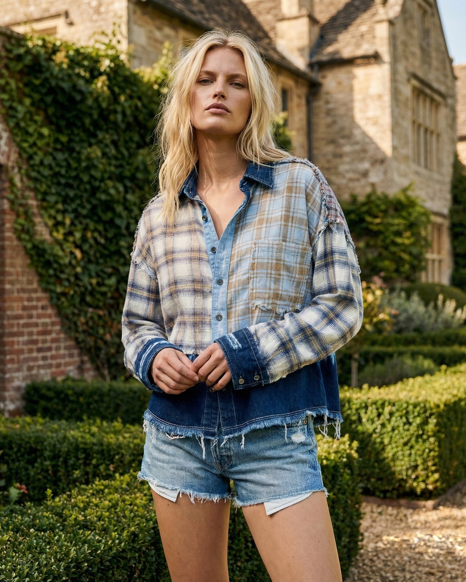 Mixed Flannel And Denim Shirt by THE TALES - product photo