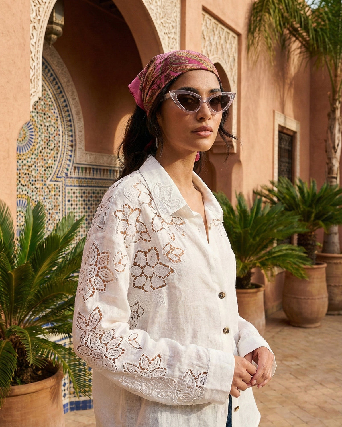 Ophelia Hand Embroidered Cut Out Floral Linen Shirt THE TALES