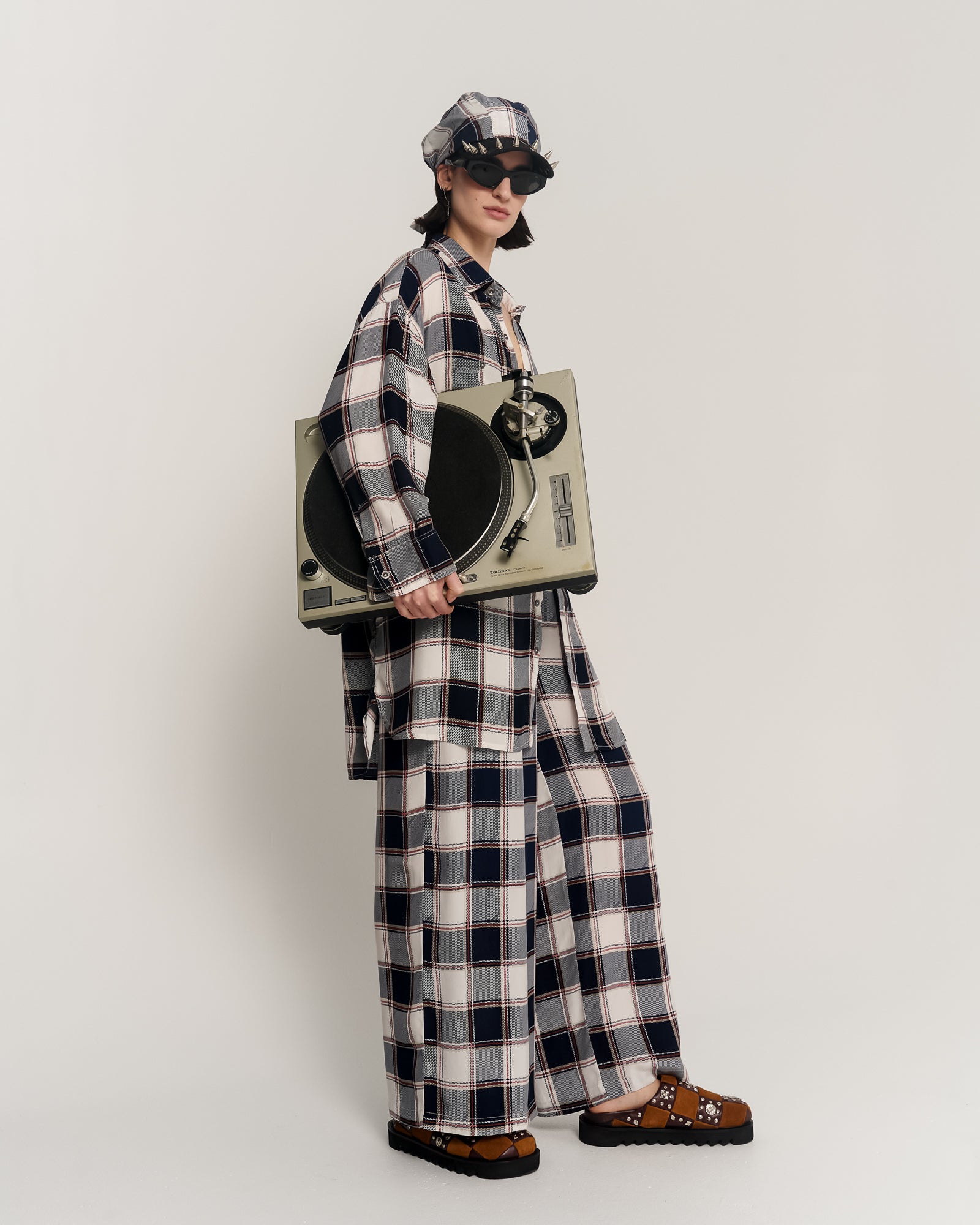 Silk Check Wide Leg Pants