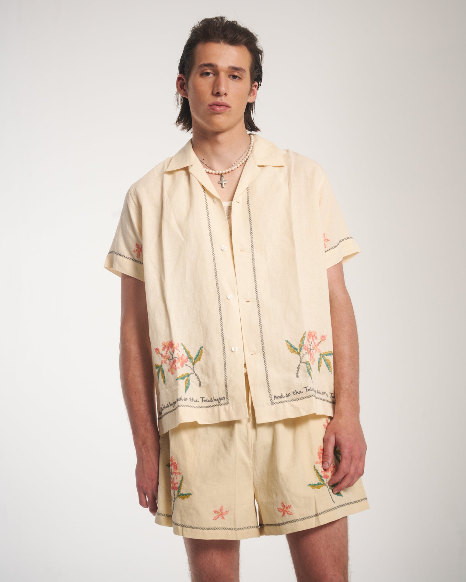 Cream Embroidered Flower Linen Shirt