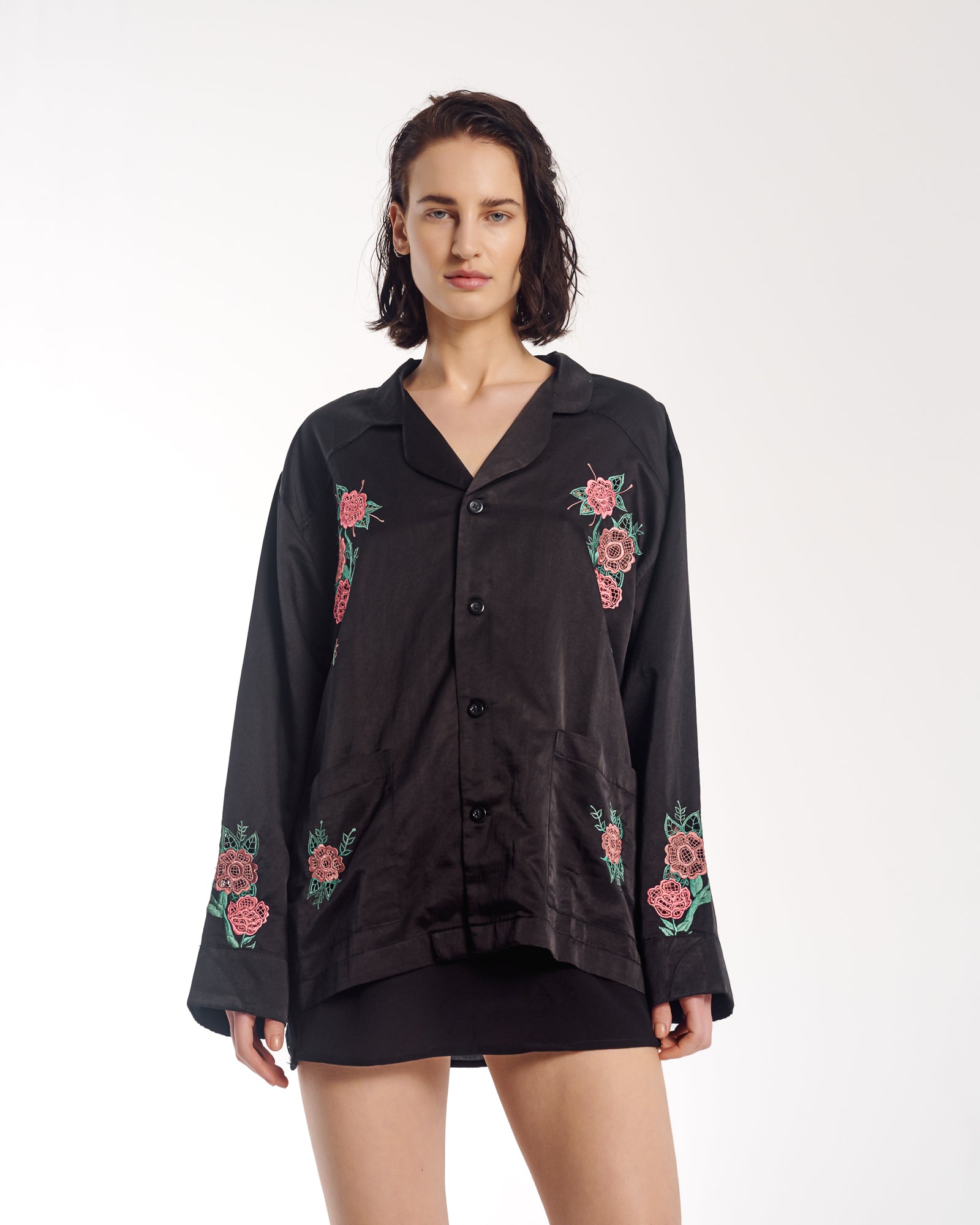 Rose Garden Satin Embroidered Peasant Shirt