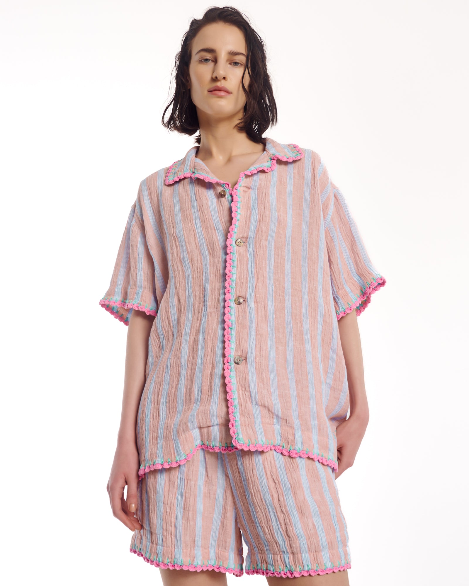 Hand Crochet Trimmed Stripe Linen Shirt