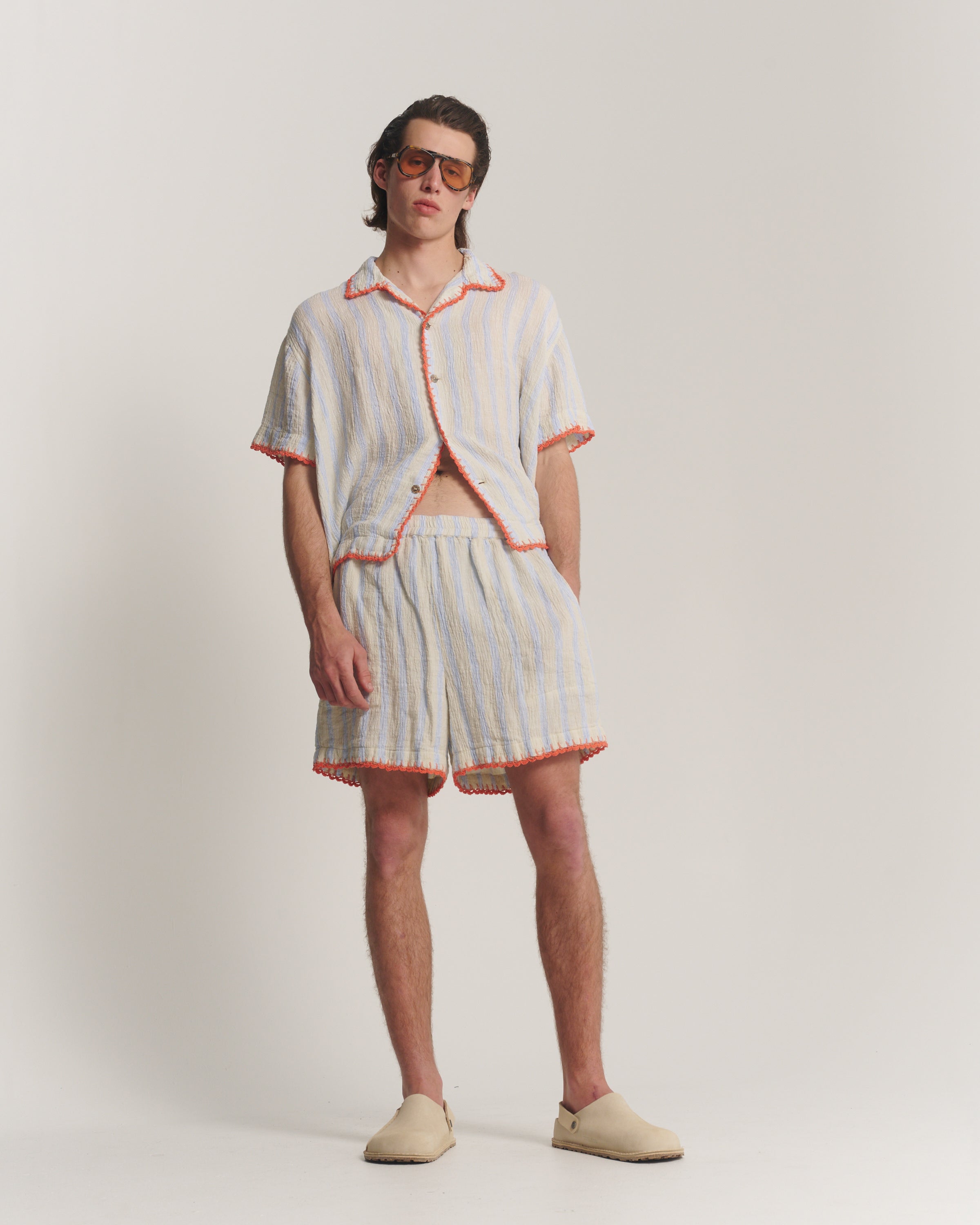 Hand Crochet Trimmed Stripe Linen Shorts