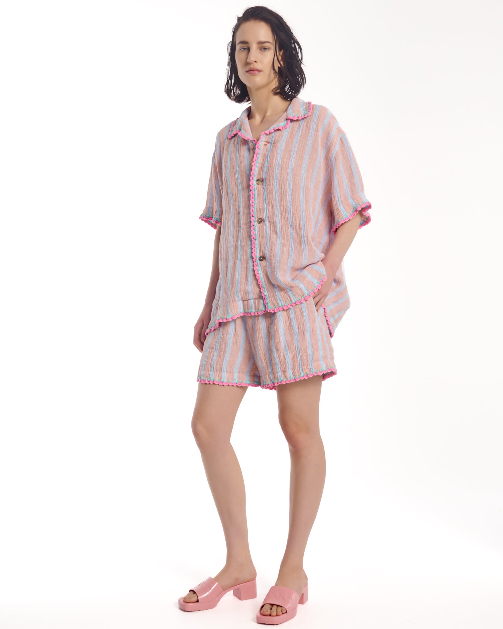 Hand Crochet Trimmed Stripe Linen Shirt