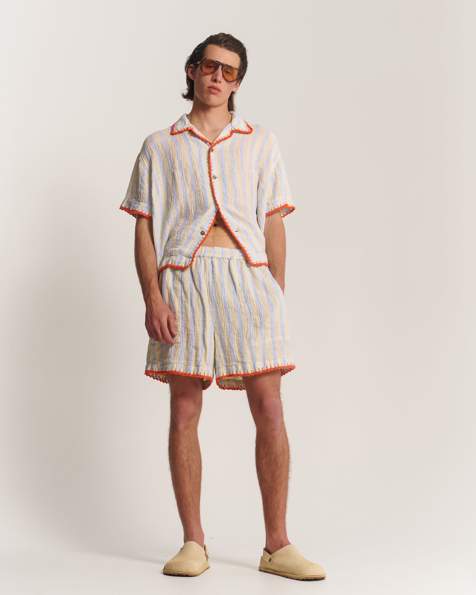 Hand Crochet Trimmed Stripe Linen Shorts