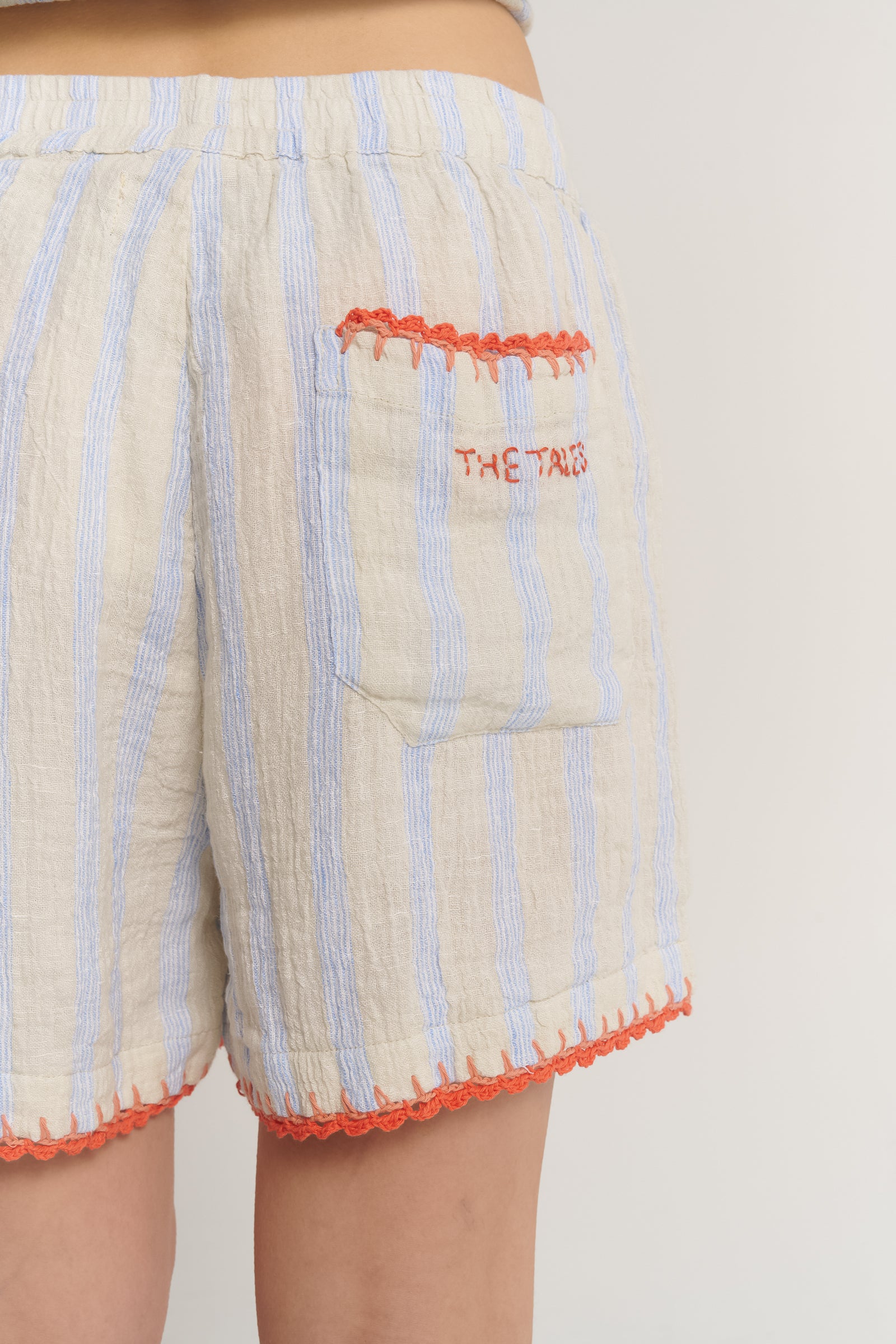 Hand Crochet Trimmed Stripe Linen Shorts