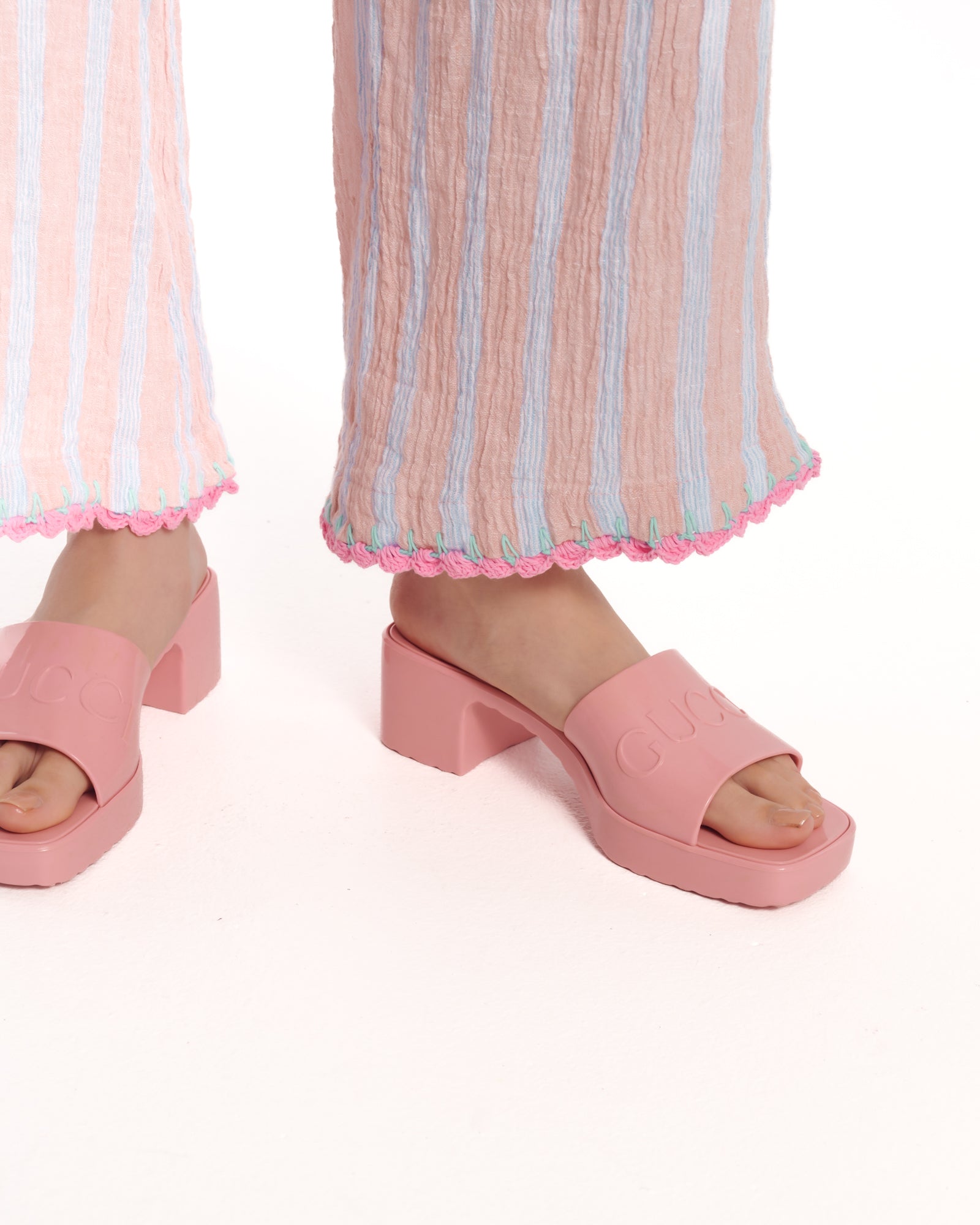 Hand Crochet Trimmed Stripe Linen Pants