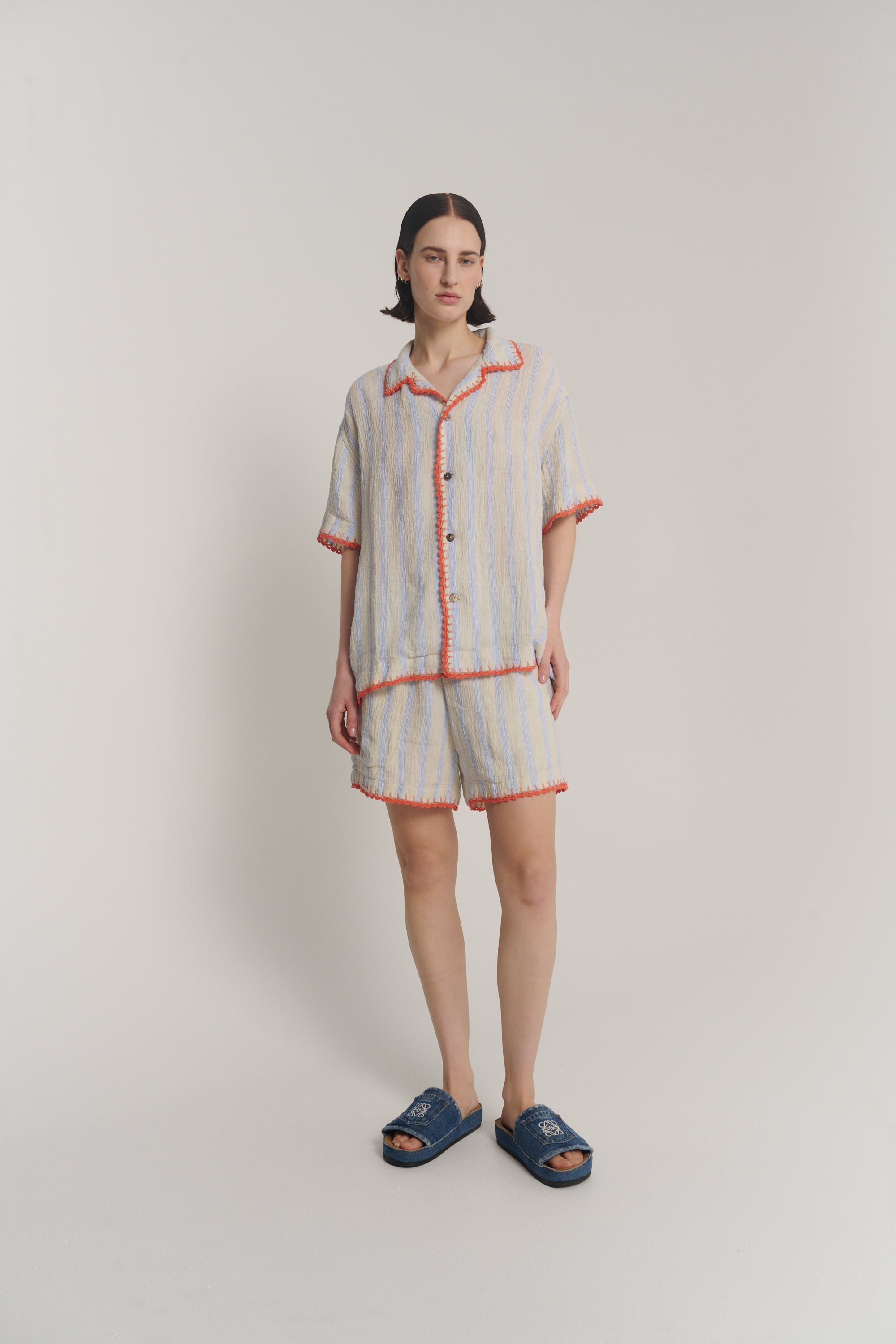 Hand Crochet Trimmed Stripe Linen Shirt