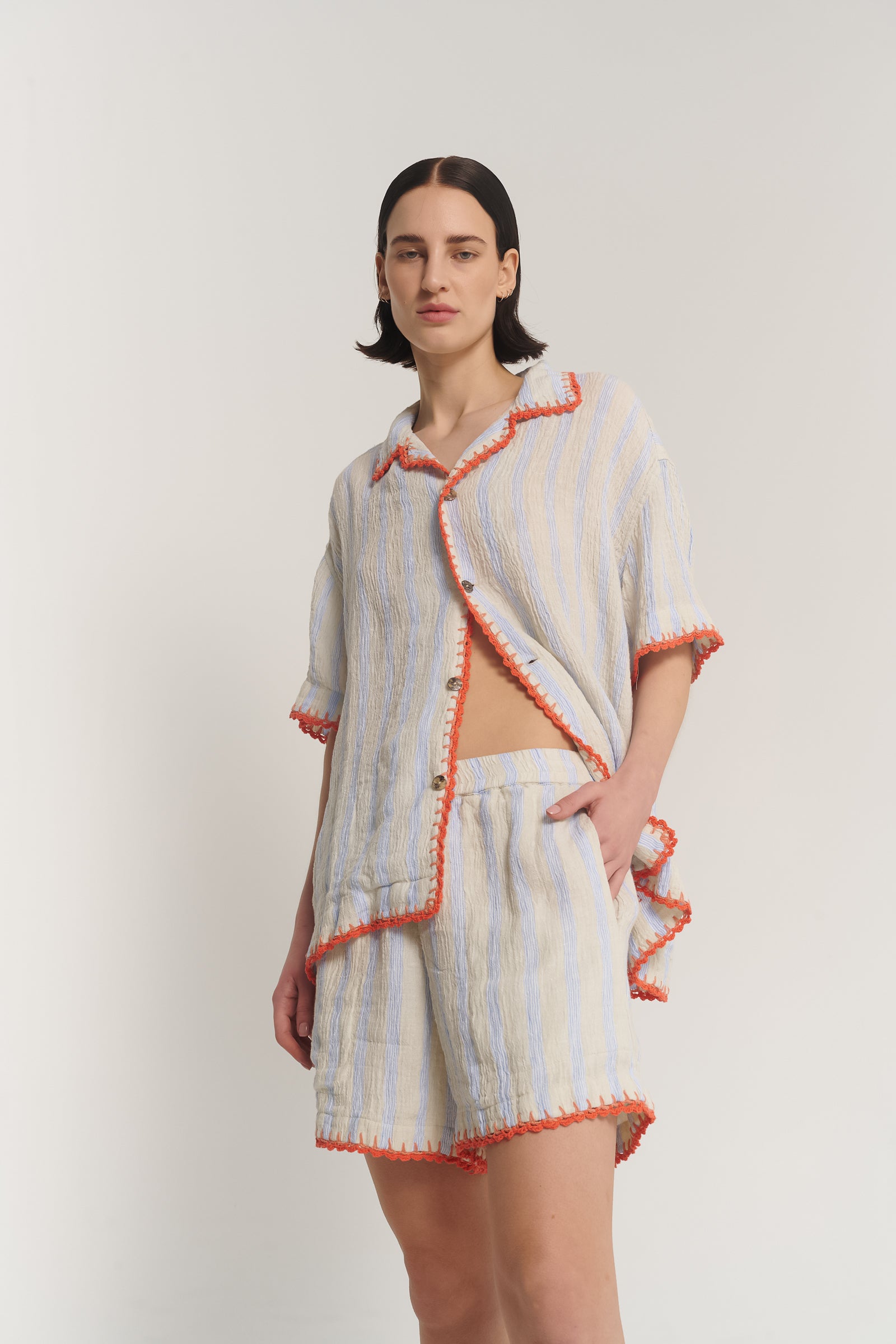 Hand Crochet Trimmed Stripe Linen Shirt