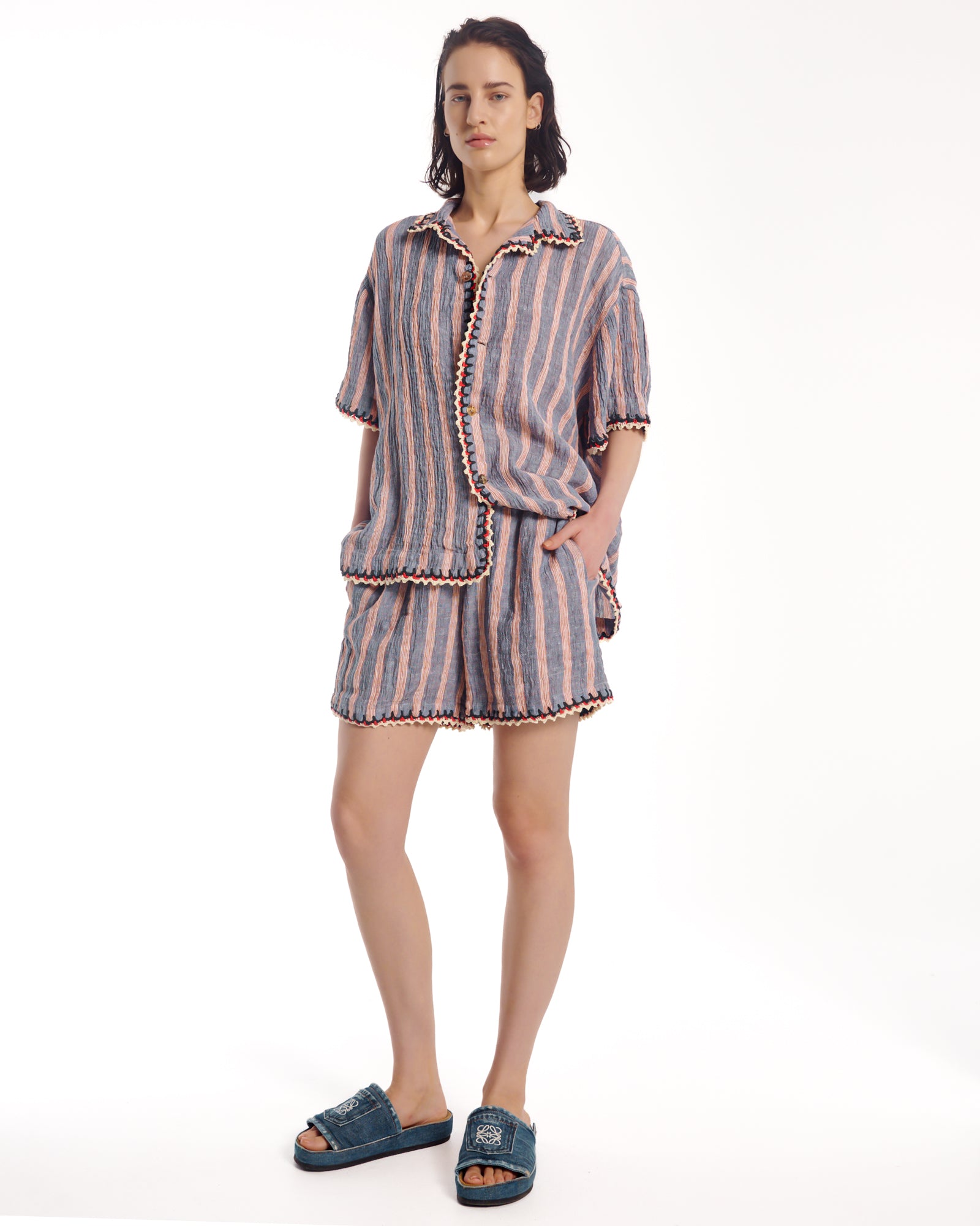Hand Crochet Trimmed Stripe Linen Shorts