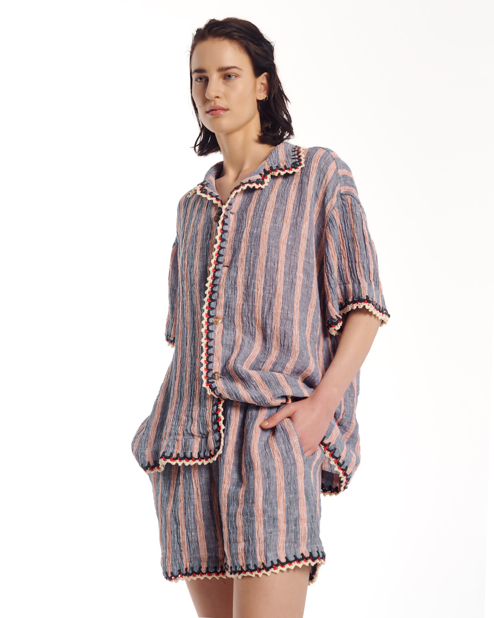 Hand Crochet Trimmed Stripe Linen Shorts