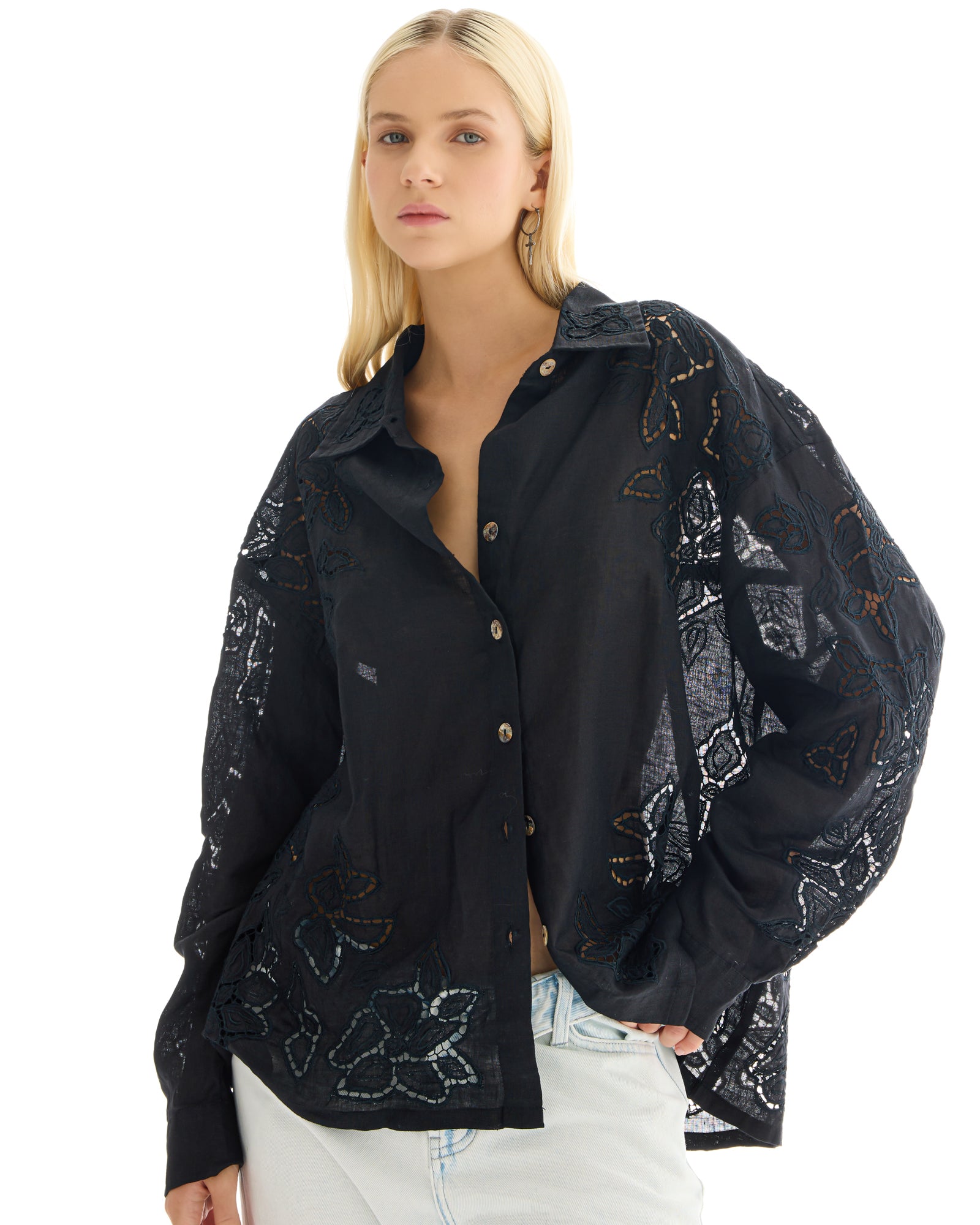Hand Embroidered Cut Out Floral Linen Shirt